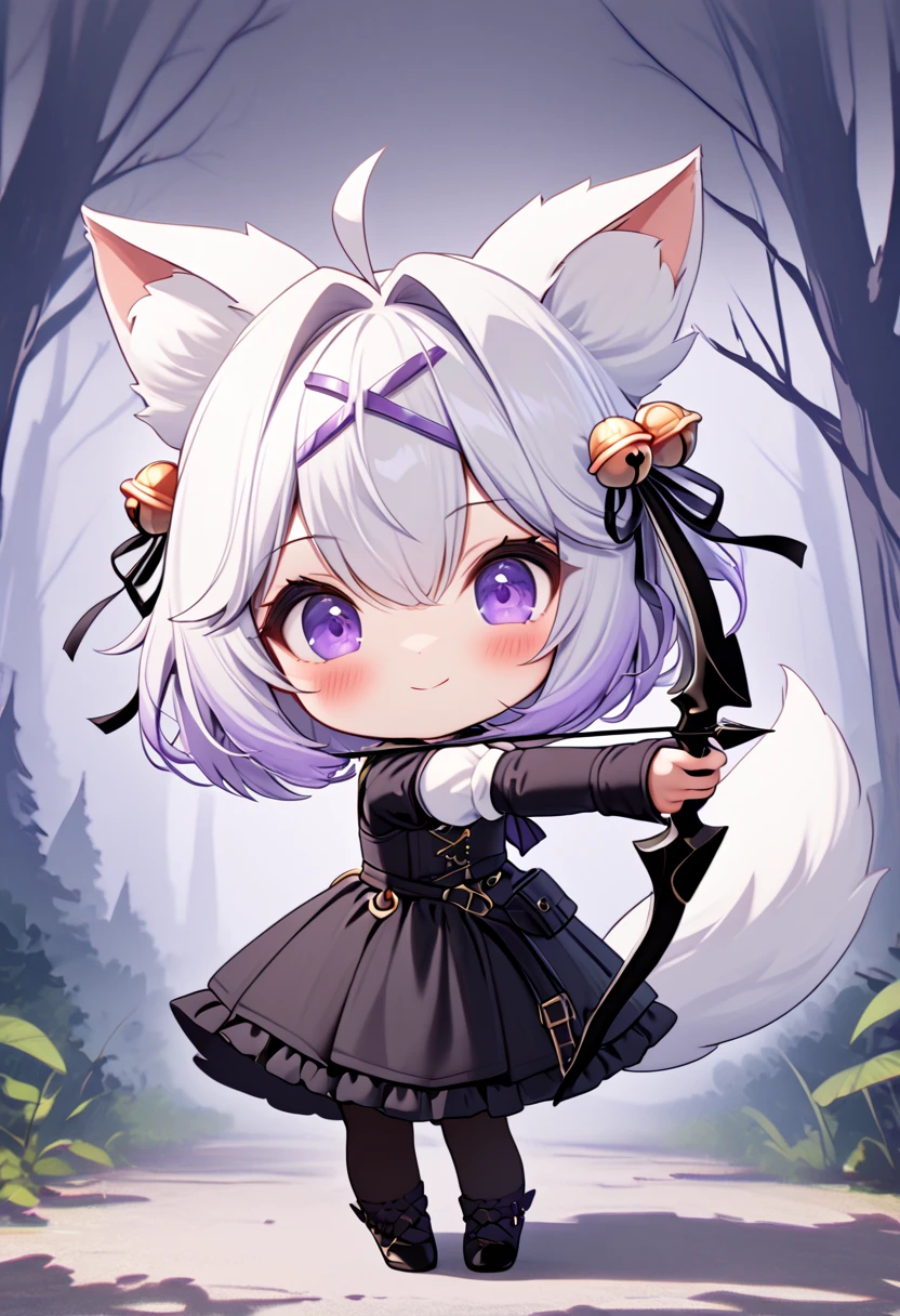 master piece, best quality, ultra-detailed, illustration, 1girl, solo, chibi, (big head), cute pose, front view, looking at viewer, ((full body Close up)), filian, filianoverall, Filiansailor, ((white hair)) , short hair, shoulder length hair, fly-away hair, (purple hair ornament:1.5), (purple hairclip:1.5), cat ears, (hair bell:1.5) ahoge, purple eyes, blush, smiling, fluffy tail, ((archer outfit)), long black frilly gown, white arm sleeves, black gloves, black stockings, black high heels, holding a black bow, aiming a bow, purple string, black arrow, spooky forest background, gloomy atmosphere, broken trees