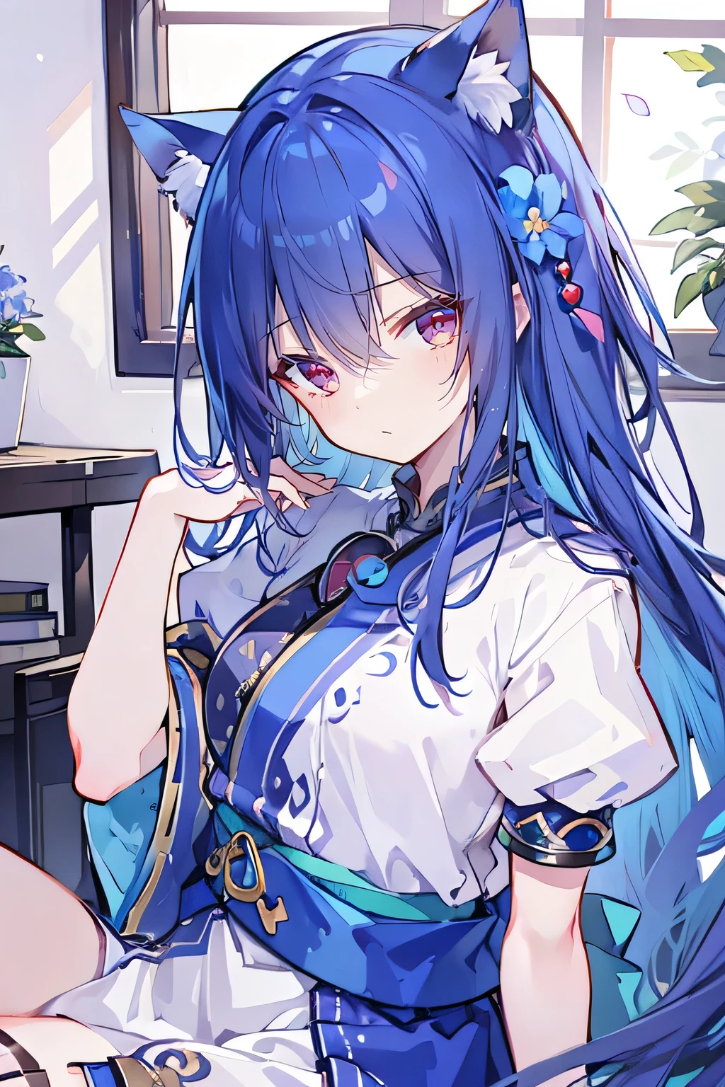(Masterpiece:1.2),Ultra-detailed,lifelike,The eyes are expressive,Fair skin,Perfect face shape,1 girl,Japanese Manga,Gorgeous blue hair,Flowing blue hair,Flowing clothes,Cat ears,Petals falling,Shy face,sitting on window,Place your hand on your lips,