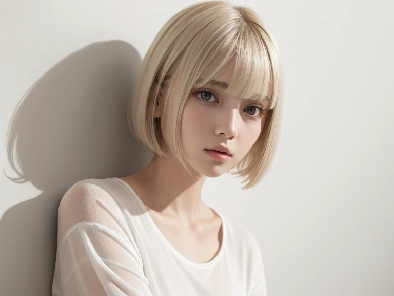 Top quality, realistic atmosphere like a photo, bright natural light shining softly into the white wall background, 1 beautiful woman, airy and fluffy bob cut, platinum beige hair, blunt bangs, beautiful skin, clear eyes, wearing a white T-shirt, Japanese female hair salon model in her 20s, a slight baby face, and a slight distance between her eyes and eyebrows for an ennui look.
