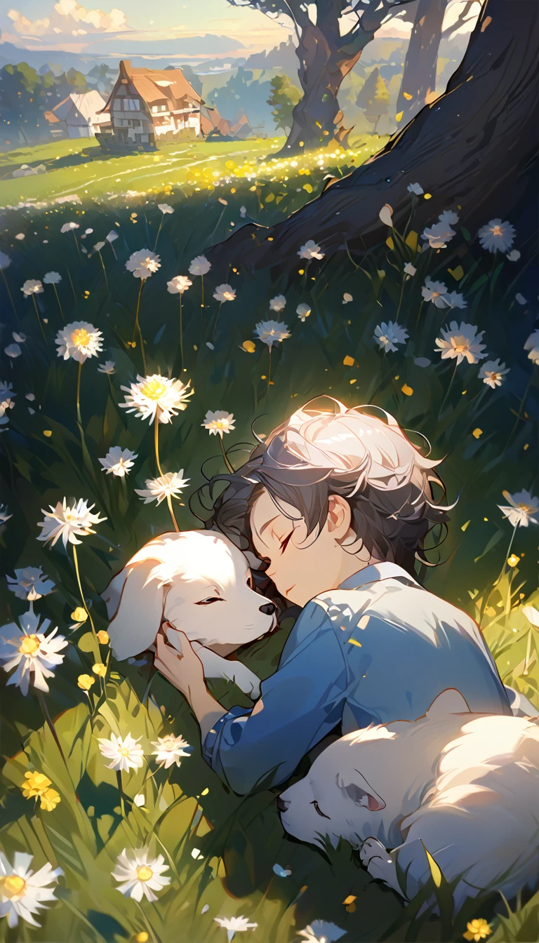 masterpiece, best quality, 8k, 4k, 1boy, kid, sleeping, dark blue hair with red stripes, blue long sleeve shirt, short pale brown pants with pocket, lay down on the field, white puppy sleeping next to the boy, siberian white puppy, white dandelions fields, dandelions Taraxacum erythrosperm, wind blowing, sleeping on the fields, finely detailed eyes and detailed face, inspired by Asukaziye artist : ask, art style : ask