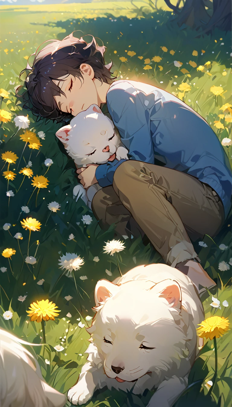 masterpiece, best quality, 8k, 4k, 1boy, ???, sleeping, dark blue hair with red stripes, blue long sleeve shirt, short pale brown pants with pocket, lay down on the field, white puppy sleeping next to the boy, siberian white puppy, white dandelions fields, dandelions Taraxacum erythrosperm, wind blowing, sleeping on the fields, finely detailed eyes and detailed face, inspired by Asukaziye artist : ask, art style : ask