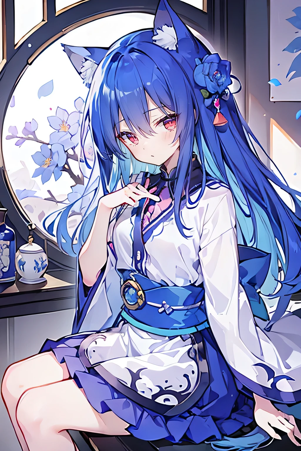 (Masterpiece:1.2)，Ultra-detailed，lifelike，The eyes are expressive，Fair skin，Perfect face shape，1 girl，Japanese Manga，Gorgeous blue hair，Flowing blue hair，Flowing clothes，Cat ears，Petals falling，Shy face，sitting on window，Place your hand on your lips，