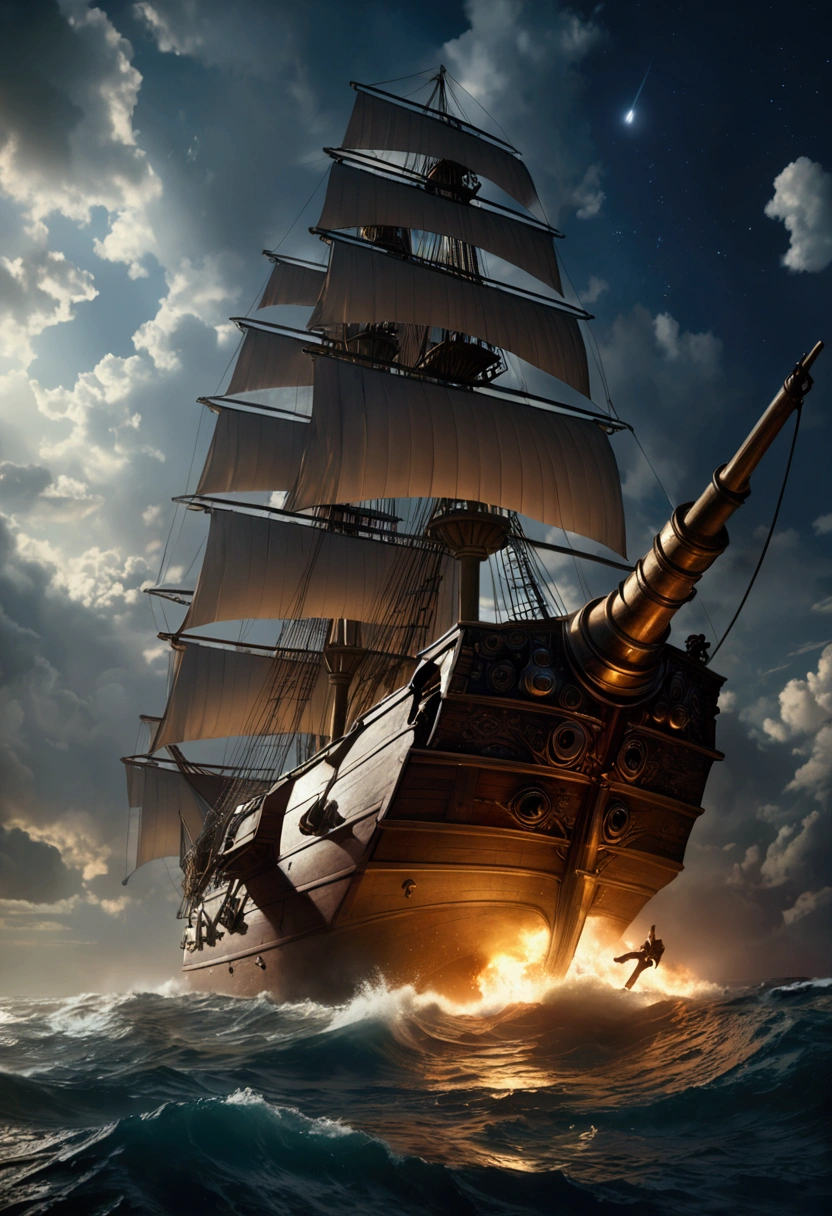 (Pirate War), Pirates boarding enemy ship and robbery, fire, captivating chiaroscuro, dynamic movement, astropunk, full body, (special effects:0.1), award-winning, cinematic still, emotional, vignette, dynamic, vivid, (masterpiece, best quality, photorealistic, Professional, perfect composition, very aesthetic, absurdres, ultra-detailed, intricate details:1.3)
