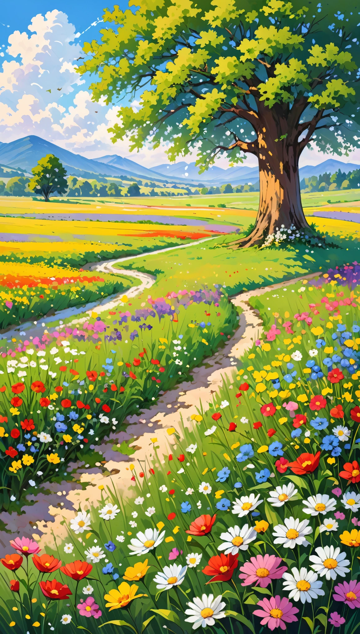 A beautiful field painting,There is a big tree and some colorful flowers in the picture,Flowers bloom all over the meadow。