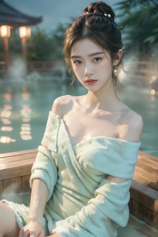 (Extremely detailed CG),(((8K))),wallpaper,((Extremely exquisite and beautiful)),(((masterpiece))),(((Best quality))),(((Ultra-high resolution))),Beautiful light,Perfect Lightning,Realistic shadows,(Smooth and flawless fair skin:1.5),Extremely delicate facial details,(Extremely detailed:1.5),((A beautiful girl)),(Hair Bun:1.2),(Small head:1.2),(Slender face:1.2),(Exquisite makeup:1.3),(blush:1.3),(Glowing skin:1.5),(Happy:1.2),(lol:1.3),(Perfect body:1.1),(Small Breasts:1.2),(flat chest:1.2),((Slim,Thin)),(From the front:1.3),(Upper Body:1.3),(Green Off Shoulder Towel Dress:1.5),(Sweat:1.3),(outdoor:1.3),(Chinese Palace:1.2),(baThing in hot onsen:1.5),(In the thermal pool:1.5),Hot steam,incredible,Beautiful illustrations,(In the hot spring garden full of bamboo:1.5),(summer:1.3),(Night view:1.5),(Surrounded by a crowd:1.5),(Spread your legs:1.3)