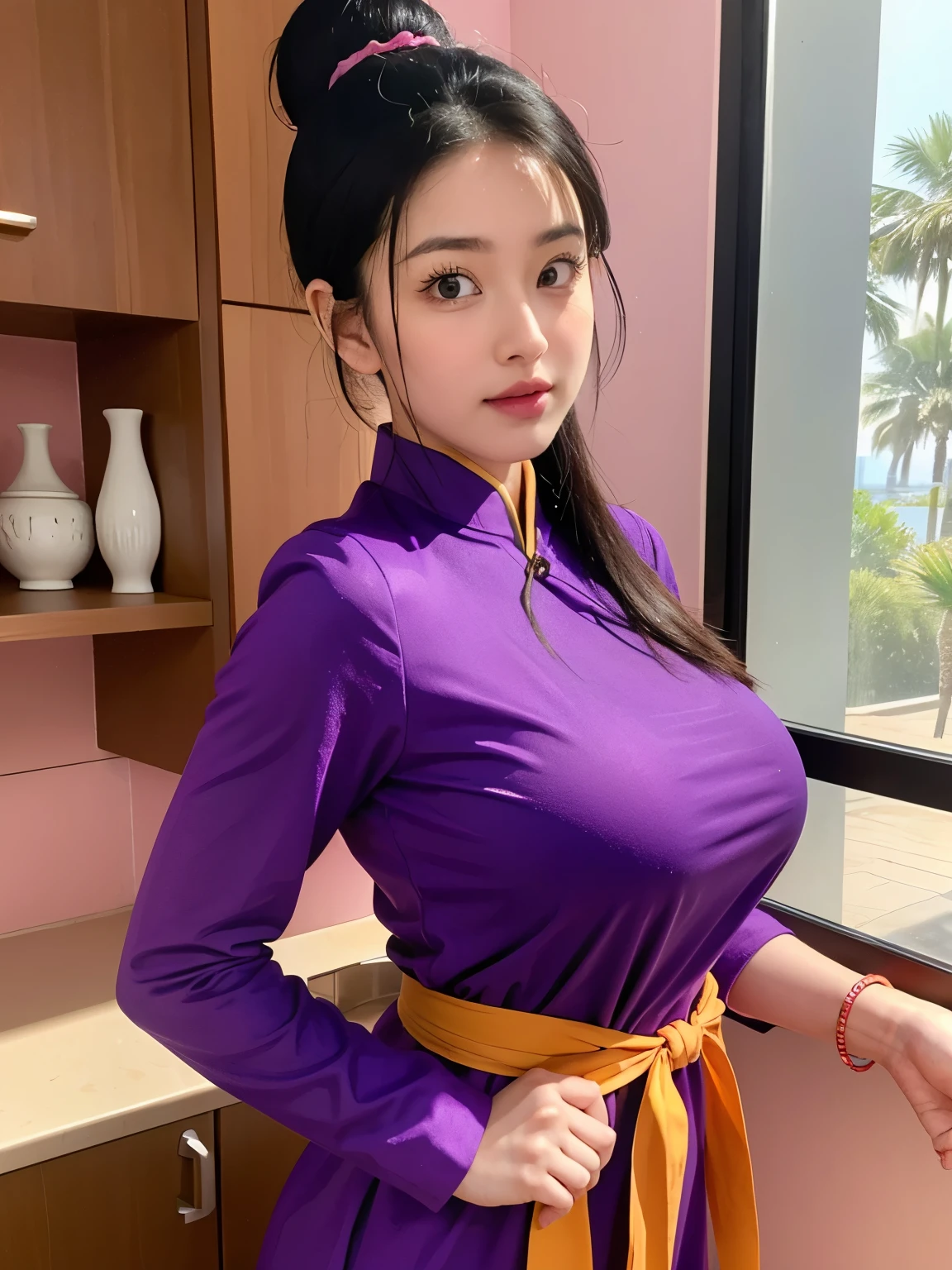 (masterpiece, best quality:1.2), 1girl, solo, professional lightings, cinematic lightings, 8k wallpaper, ultra realistic portrait of chichi, dragonball, chichi_dbz, long sleeve pink shirt, ((apron, dark purple Chinese dress, orange scarf)), bangle, bracelet), bare foots, detailed face, detailed eyes, highres, detailed skin texture, (ultra slim waist, perfect slim body style), black hair, (dango hair:1.15, parted long bangs:1.15), big eyes, double eyelids, ((((ultra huge breasts, ultra huge tits, ultra huge boob, ultra huge cleavages)))), ultra realistic mature older face, ultra detailed mature older face, realistic wrinkles on face and eyes, detailed wrinkles on face and eyes, ((ultra realistic modern kitchen room, ultra detailed modern kitchen space)), (view palms tree via window:1.1, ocean, palm tree and beach view via window:1.25, wooden floor, pink painted walls:1.1), ((((ultra realistic cooking pancakes scene, ultra detailed cooking pancakes scene)))), in extremely tiny island, view her from back, behind angle, stick out your hips to viewer, stick out your ass to viewer,
