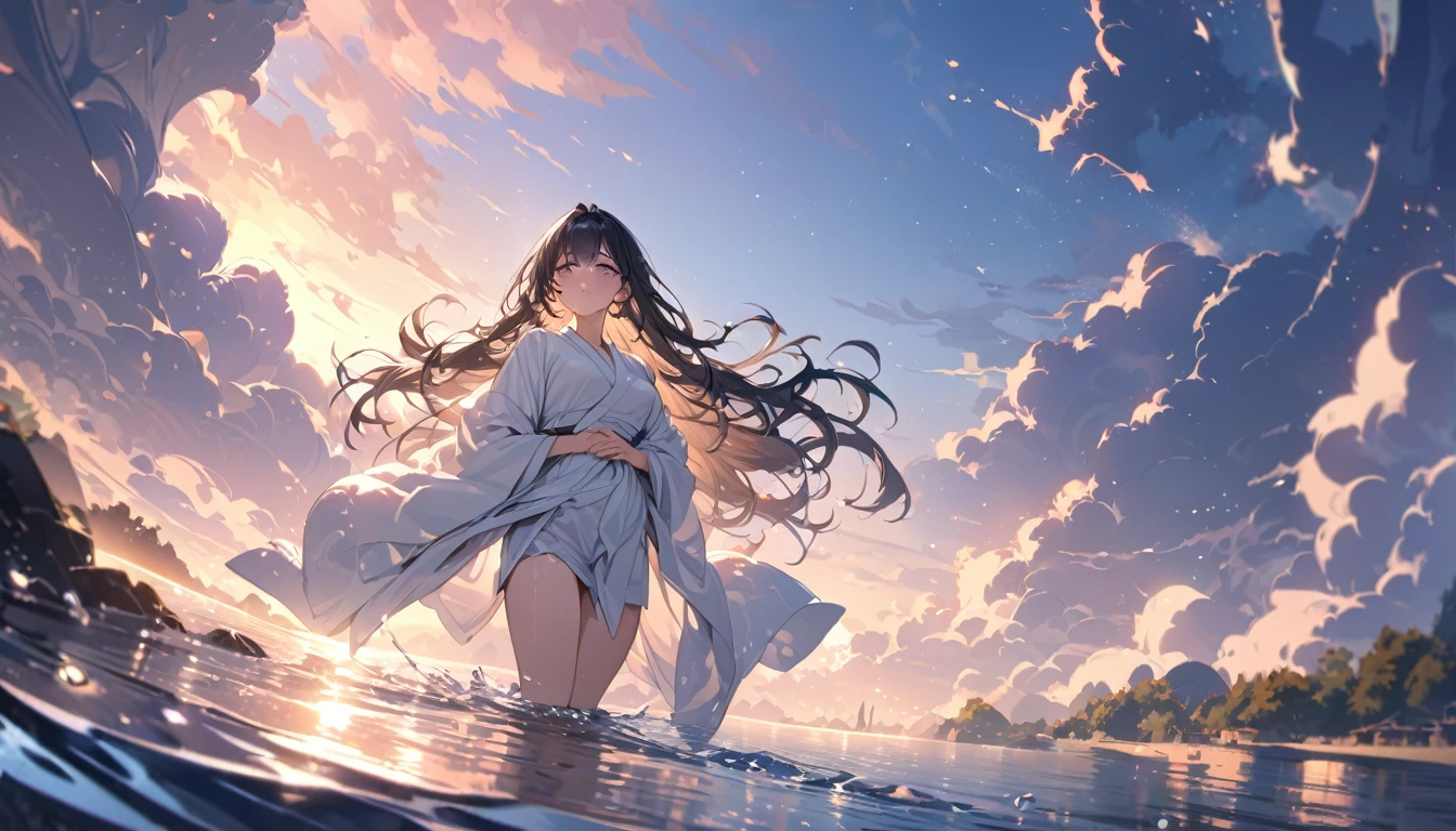 A girl praying in a lake, with a splash, Black long hair, A melancholic look, White kimono, masterpiece, best quality, high quality, detailed, ultra detailed, hyper detailed, insanely detailed, exquisite, beautiful, Full-HD, 4K, 8K, 16K, in the morning, beautiful, fantasy, mystical atmosphere, chill atmosphere, classic academia, soft-edged, front view, closeup shot, dynamic angle, wide shot, sunrise, warm lighting, 1/1000 sec shutter speed, in focus with blurred background