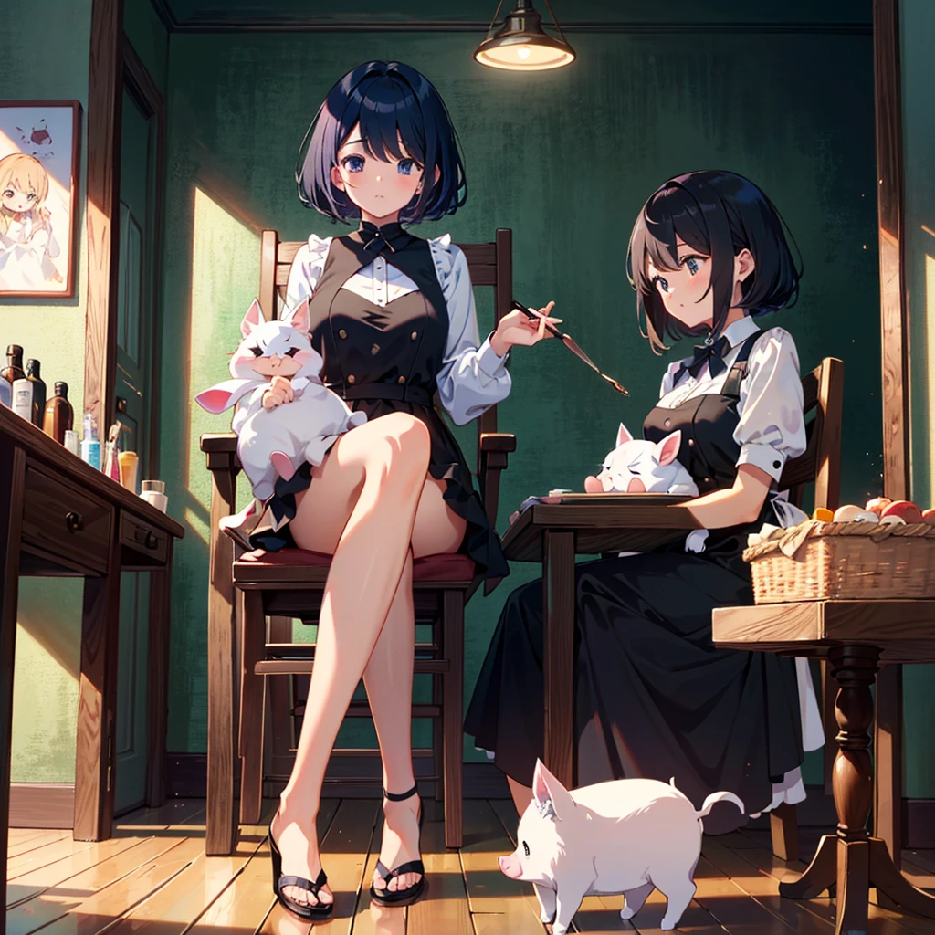 {{{Masterpiece, highest quality, high resolution background}}}, bright and beautiful atmosphere, 3 girls (2 years old, 1 short-tempered round face), small breasts, hair being done by a hairdresser at a beauty salon A girl, a mini-pig sitting in the seat next to her, a mini-pig sleeping on the floor, "deltamon_sdXL :0.73) >Deltamon"