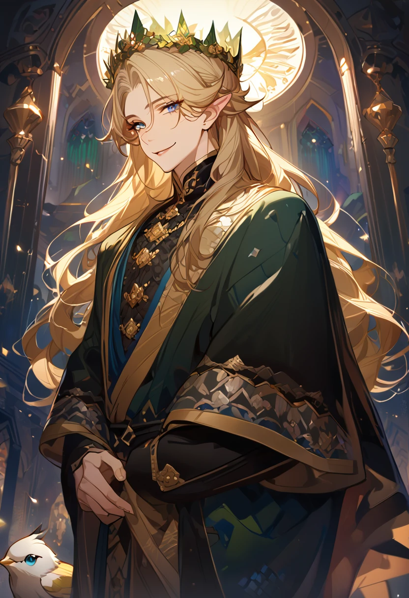 masterpiece, best quality, 8k ,4k , 1male, elf King, Golden Blond, Blue greenish eyes, gold wreath crown, hair ornament, long hair, finely detailed eyes and detailed face, looking at viewer, black sleeveless, half robe, patterned clothes, gold embroidery clothes, meticulous clothes, mature clothe, majestic looks, smiling gently, small bird, full body, inspired by Asukaziye artist : ask, art style : ask