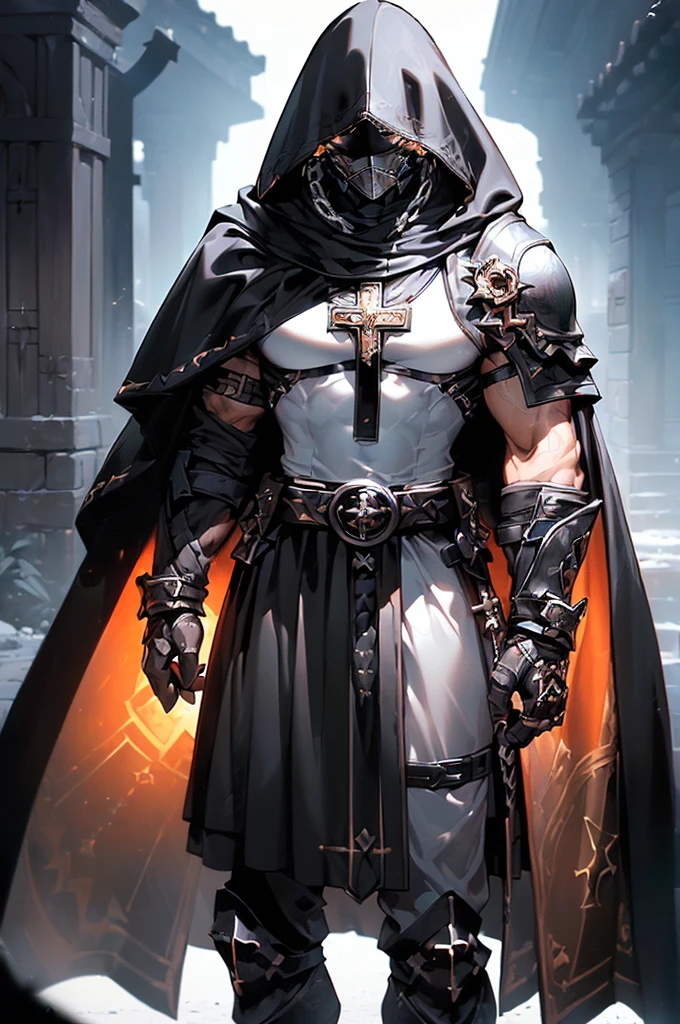 (masterpiece; best quality: 1.2), ((1 man)), ((solo)), (black eyes: 1.4), (body; toned, lean, masculine: 1.3), (beautiful and clear background: 1.2), ((depth of field)), (equipment: templar + surcoat with cross + chainmail shirt + closed helmet + leather gloves + greaves + black cloak : 1.3), (anime illustration: 1.2), (background composition; garden + plants: 1.1), (extremely fine and handsome: 1.1), (shot composition; standing + centered on torso + close-up: 1.5)