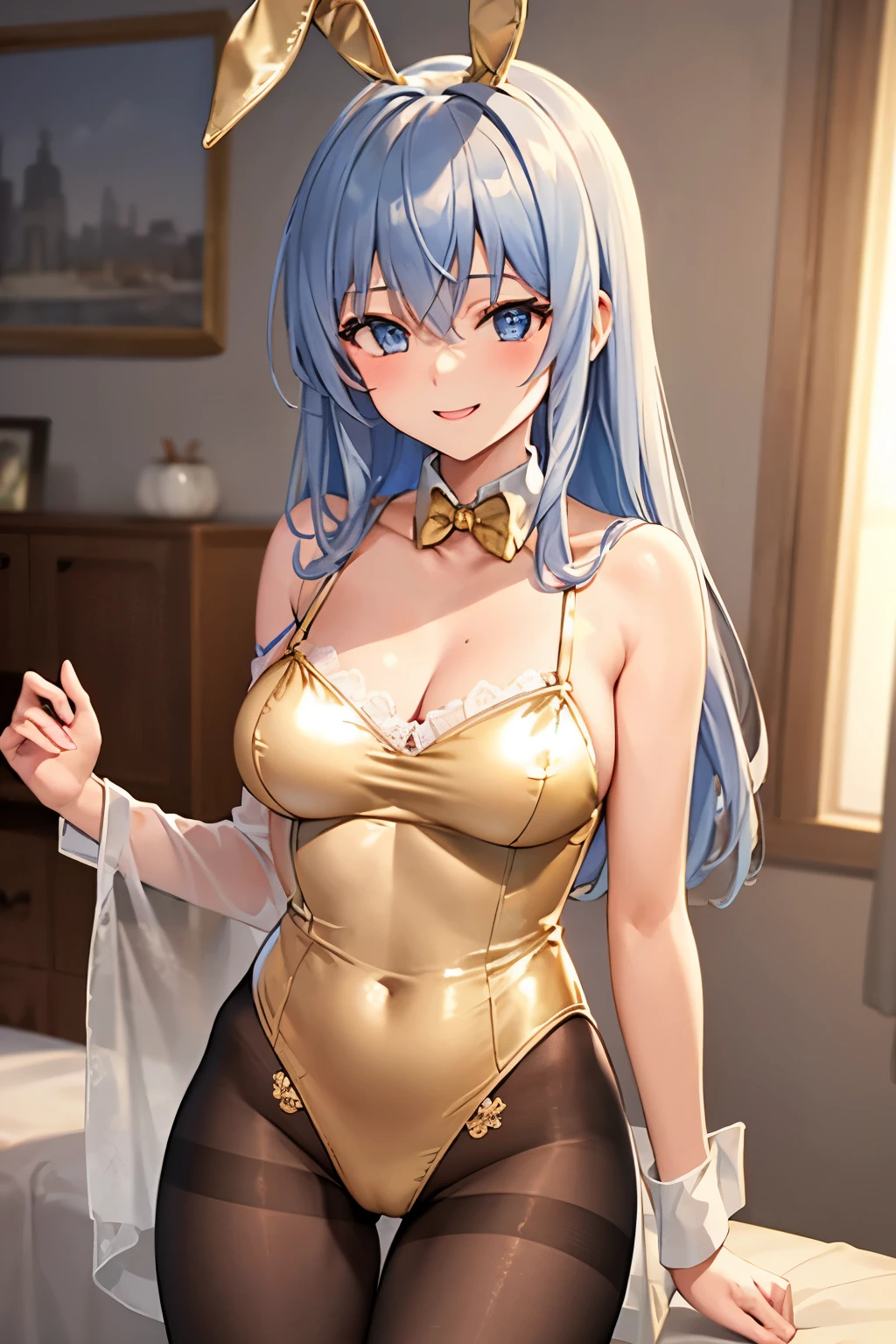 Prompt: masterpiece,best quality,extremely detailed,(Cute sexy girl),(medium large breasts),sexy posing,(enjoy smile),(ultra detailed,sexy see-through lace gold play bunny),(panty hose),gorgeous room,cowboy shot,