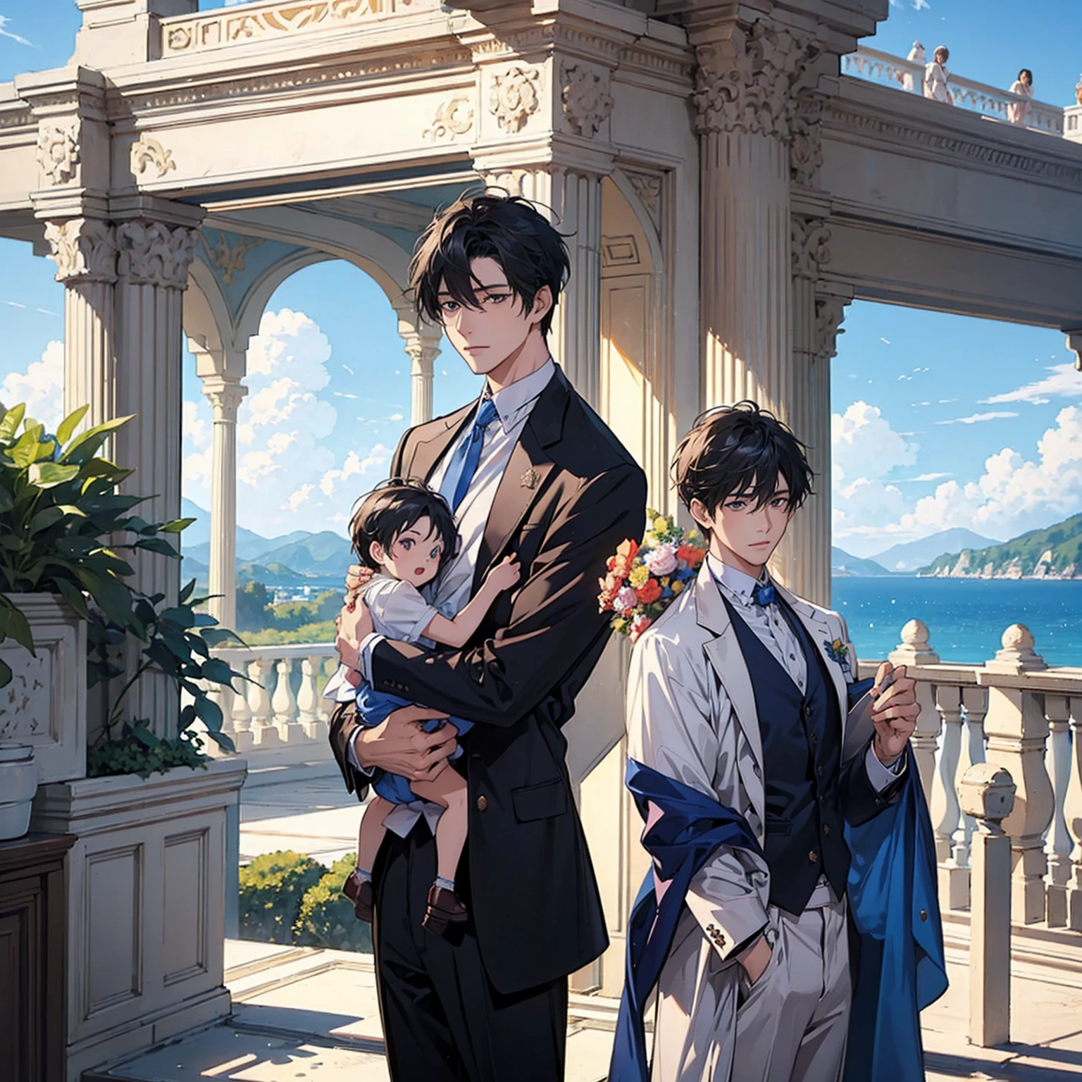 (((masterpiece))), ((Highest quality)), ((Super detailed)), (CG illustration), Happy parent-child scene。The resurrected form of Emperor Constantine and the twins Crispus and Fausta.、Father and son landscape、Under the clear blue sky、A summer evening where a stylish modern mansion shines。As the bright sunlight envelopes the sea and the mansion、A young father in his 30s hugs his twin sons tightly and warmly on his way home from work。The father&#39;s face was filled with deep love, retribution and forgiveness.、I can see the look of relief on his face, having overcome his past mistakes.。The children have innocent, naive smiles、He buried his face in his father&#39;s shoulder and looked relieved.。Light and shadow gently intersect、A scene that creates a warm and moving atmosphere overall.。」Love。Love, forgiveness, healing and purification。Detailed and delicate。lyrical。Heartful Modern。Gorgeous。elegant。masterpiece。super high quality。, beauty, brilliance, ultra-high quality, ultra-high resolution, Ultra-fine, ultra-beautiful, a masterpiece.​masterpiece。I'm in love with you,