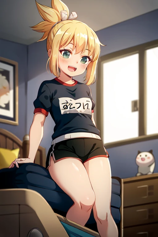 ((Highest quality)), ((masterpiece)), (be familiar with), Perfect Face, indoor, Bedroom, Watching the audience,
One woman, Amber,
Open Mouth, Ecstatic expression, blush, smile,
Small breasts, Flat Chest, Young Girl, , , Girl,
Long Hair, ponytail,
Gym suit, White short sleeves, Black shorts, Leg spread,