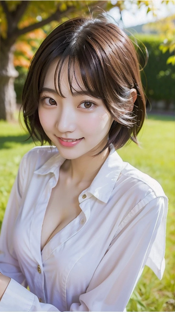 incredibly absurd, beautiful and cute 20-year-old Korean girl with a photorealistic face, showcasing top-quality craftsmanship. Her slender frame adorned with short, messy hair. The artwork high-resolution, allowing for ultra-detailed features to be captured flawlessly. The girl is wearing nurse Costume. The focus lies on the realistic pupils, showcasing depth and emotion. ((breasts out)) cute smile.