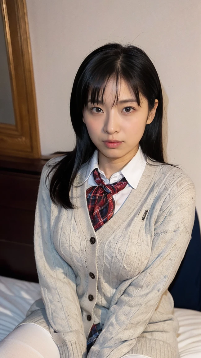 (((8k、High resolution、Highest quality、High resolution)))alone、45 years old、Natural body shape、White skin、Natural Makeup、Black Hair、bangs、Straight Long Hair、、((High School Uniform)) 、((Beige cardigan、white collared long sleeve blouse))、((Red Plaid Pleated Skirt))、(red school ribbon)、、(Big Breasts)、((The upper body is wearing a uniform))、(((((Looking into the camera)))))、(((Head to shin portrait)))、(((Exposing thighs)))、Bedroom、On the bed、Sit with your legs apart、((Focus on the crotch))、White socks