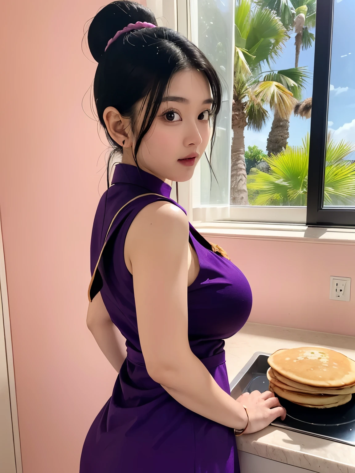 (masterpiece, best quality:1.2), 1girl, solo, professional lightings, cinematic lightings, 8k wallpaper, ultra realistic portrait of chichi, dragonball, chichi_dbz, long sleeve pink shirt, ((apron, dark purple Chinese dress, orange scarf)), bangle, bracelet), bare foots, detailed face, detailed eyes, highres, detailed skin texture, (ultra slim waist, perfect slim body style), black hair, (dango hair:1.15, parted long bangs:1.15), big eyes, double eyelids, ((((ultra huge breasts, ultra huge tits, ultra huge boob, ultra huge cleavages)))), ultra realistic mature older face, ultra detailed mature older face, realistic wrinkles on face and eyes, detailed wrinkles on face and eyes, ((ultra realistic modern kitchen room, ultra detailed modern kitchen space)), (view palms tree via window:1.1, ocean, palm tree and beach view via window:1.25, wooden floor, pink painted walls:1.1), ((((ultra realistic cooking pancakes scene, ultra detailed cooking pancakes scene)))), in extremely tiny island, view her from back, behind angle, stick out your hips to viewer, stick out your ass to viewer,
