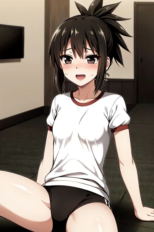 ((Highest quality)), ((masterpiece)), (be familiar with), Perfect Face, indoor, Bedroom, Watching the audience,
One woman, Amber,
Open Mouth, Ecstatic expression, blush, smile,
Small breasts, Flat Chest, Young Girl, , , Girl,
Long Hair, ponytail,
Gym suit, White short sleeves, Black shorts, Leg spread,