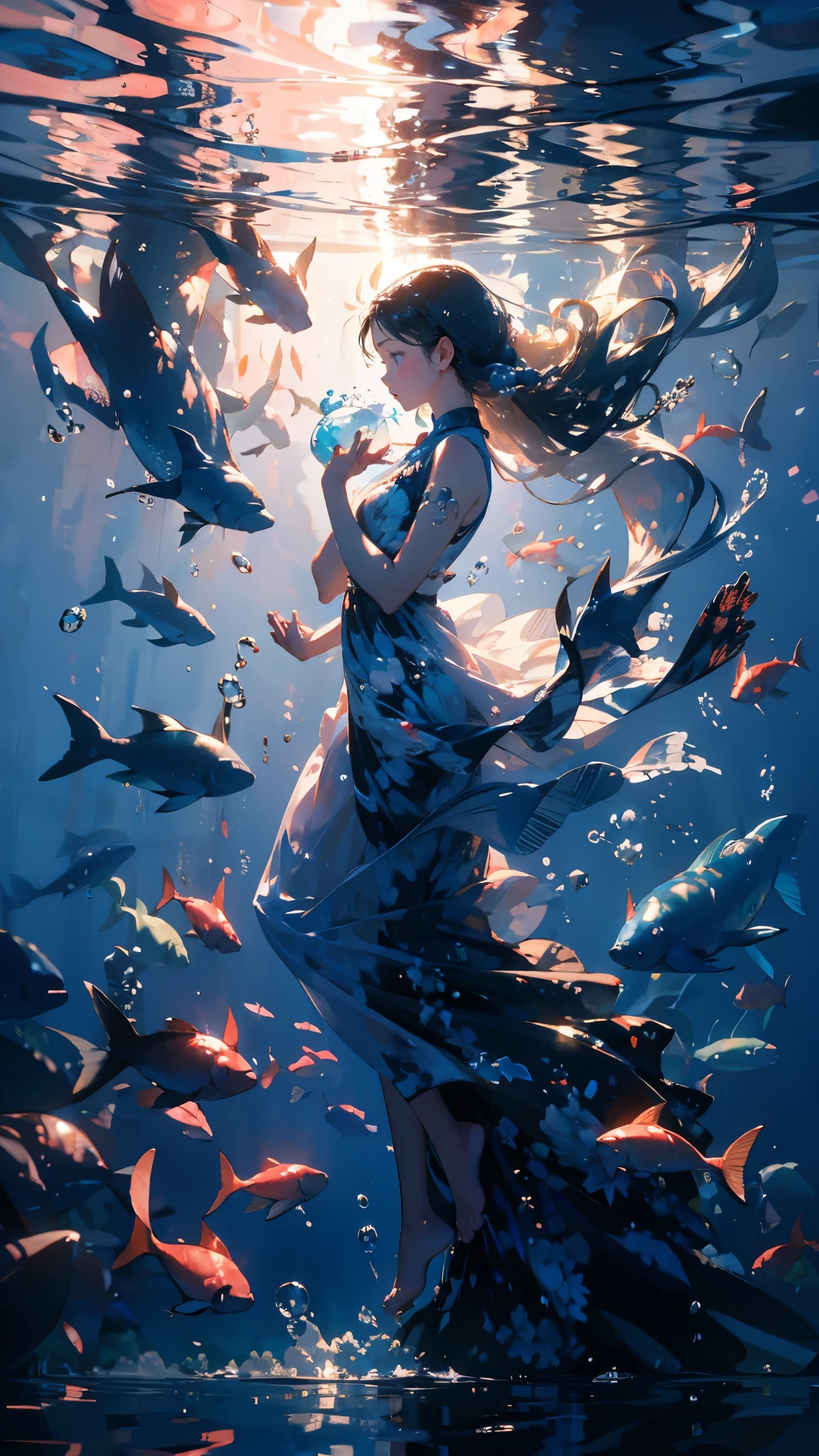 (masterpiece)、(Highest quality)、Very detailed、Perfect Face、(Solo full body shot:1.3)、(In the water:1.4)、Ocean、Coral Reef、Light、Bubble、from adove、Oceanの藻、(深Ocean:1.4)、Fantasy、Ocean底、Floating objects、Blonde、Long Hair、Swinging Hair