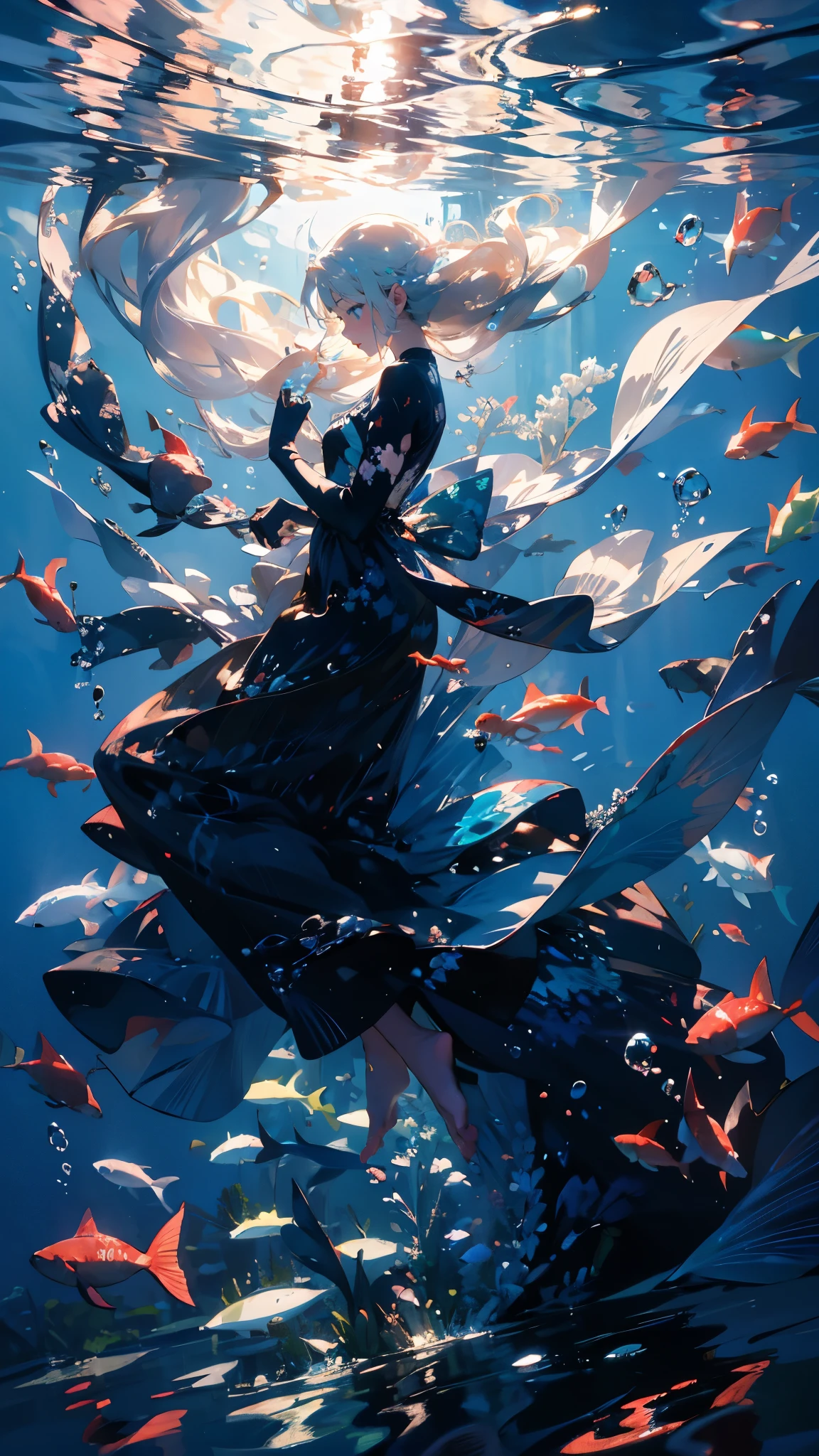 (masterpiece)、(Highest quality)、Very detailed、Perfect Face、(Solo full body shot:1.3)、(In the water:1.4)、Ocean、Coral Reef、Light、Bubble、from adove、Oceanの藻、(深Ocean:1.4)、Fantasy、Ocean底、Floating objects、Blonde、Long Hair、Swinging Hair