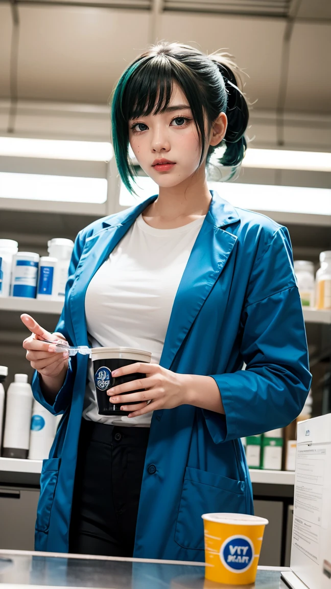 "Depict Bulma in her Capsule Corporation attire from Dragon Ball Z,no having clothes, wearing a lab coat over a blue outfit with the Capsule Corp logo, have massive k-cups, in a high-tech laboratory filled with futuristic gadgets and machinery."