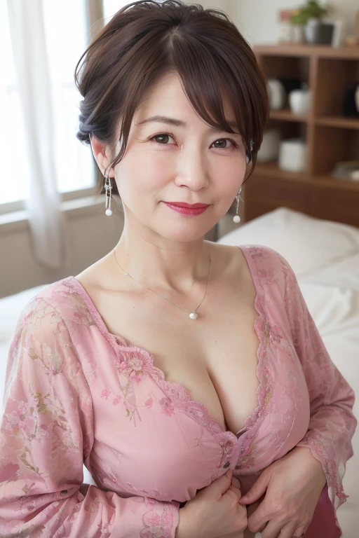 Beautiful mature Japanese woman aged 55, Married women, Long eyelashes, Bob Hair, Red lipstick, Pink Cheeks, Pearl Necklace, Earrings, Dark eyeshadow, Cleavage, Chest visible shirt, Summer clothes, Floral, Lying in bed, Open your arms, Sleep on your back, ((Focus on the whole body)),(Highest quality,4K,8k,High resolution,masterpiece:1.2),Very detailed,(Realistic,photoRealistic,photo-Realistic:1.37)