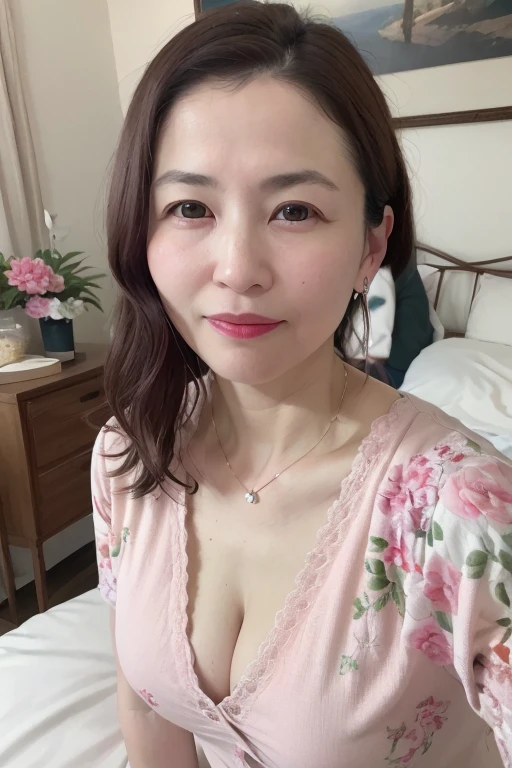 Beautiful mature Japanese woman aged 55, Married women, Long eyelashes, Bob Hair, Red lipstick, Pink Cheeks, Pearl Necklace, Earrings, Dark eyeshadow, Cleavage, Chest visible shirt, Summer clothes, Floral, Lying in bed, Open your arms, Sleep on your back, ((Focus on the whole body)),(Highest quality,4K,8k,High resolution,masterpiece:1.2),Very detailed,(Realistic,photoRealistic,photo-Realistic:1.37)