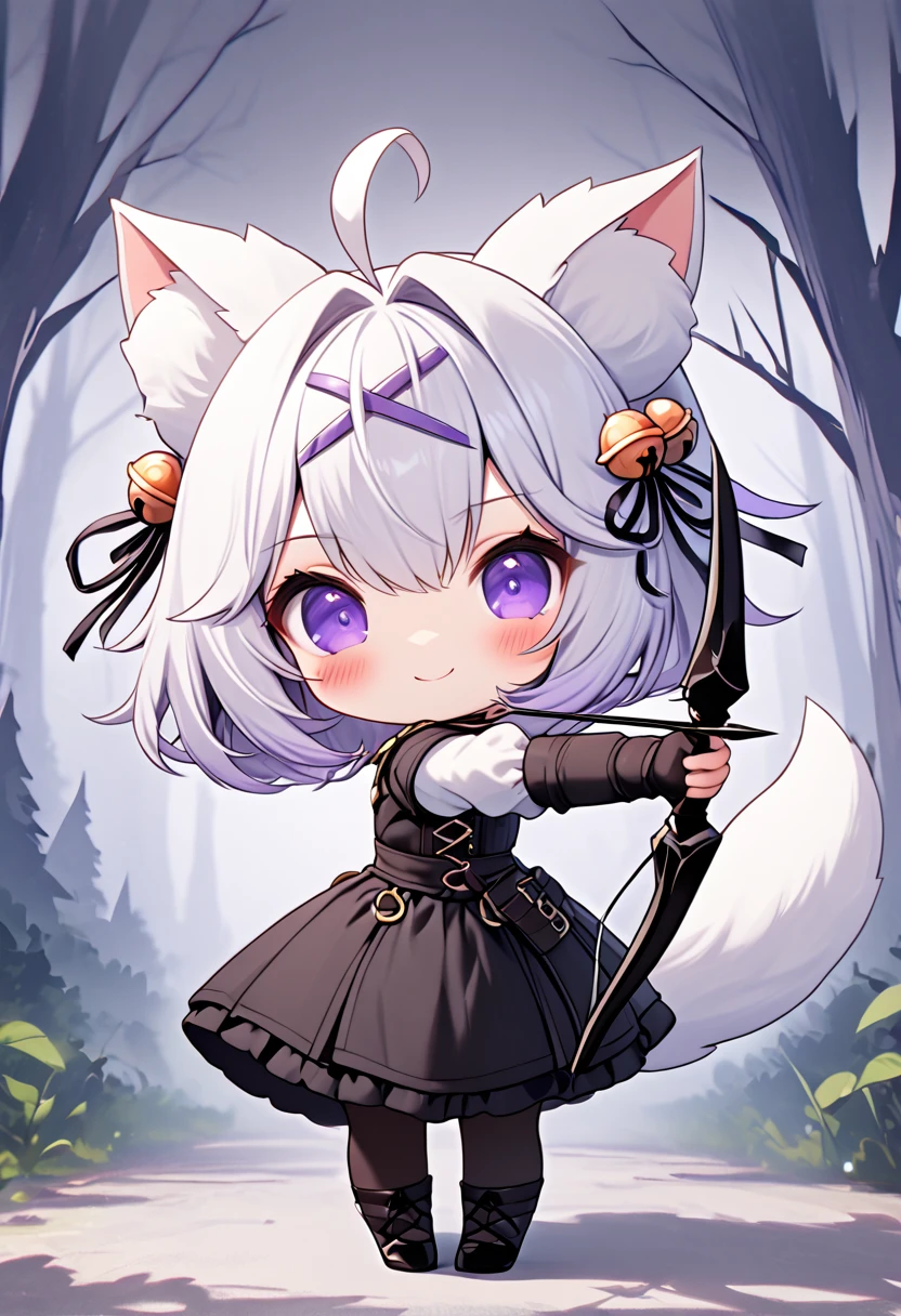 master piece, best quality, ultra-detailed, illustration, 1girl, solo, chibi, (big head), cute pose, front view, looking at viewer, ((full body Close up)), filian, filianoverall, Filiansailor, ((white hair)) , short hair, shoulder length hair, fly-away hair, (purple hair ornament:1.5), (purple hairclip:1.5), cat ears, (hair bell:1.5) ahoge, purple eyes, blush, smiling, fluffy tail, ((archer outfit)), long black frilly gown, white arm sleeves, black gloves, black stockings, black high heels, holding a black bow, aiming a bow, purple string, black arrow, spooky forest background, gloomy atmosphere, broken trees