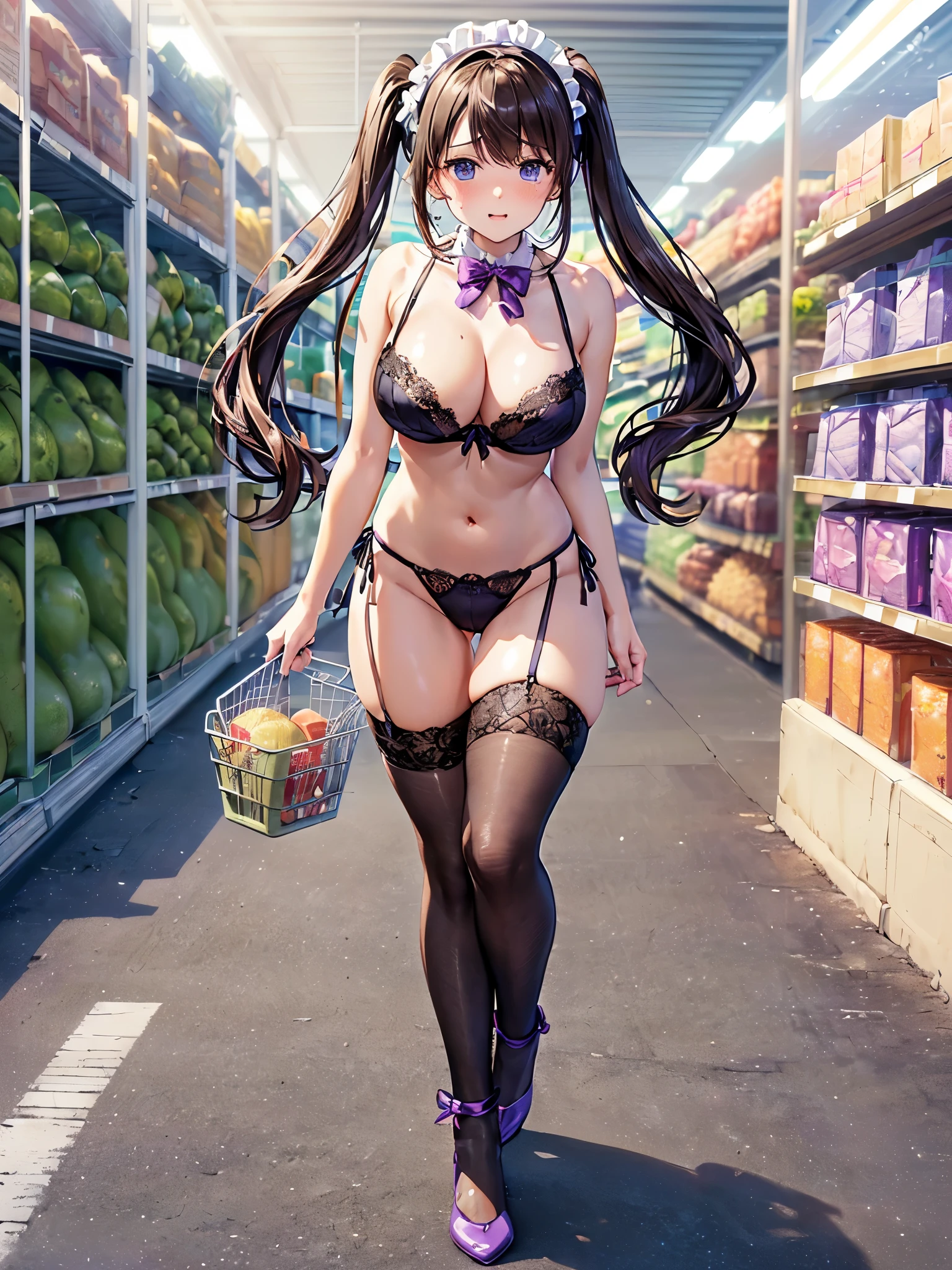 (((masterpiece, Highest quality, High resolution, 超High resolution, Perfect Pixel, Depth of written boundary, 4K, RTTX 10.0))), Beautiful Anime Woman, Beautiful art style, Anime characters, ((Smooth texture, Realistic texture, Anime CG Style)), Perfect and accurate finger count、Exact number of legs、(Exact number of arms:1.0, Exact number of hands:1.0), (Perfect hands, Perfect Anatomy), Cinematic, Realistic, Extremely detailed CG, Daytime lighting, Perfect lighting, Best Shadow, The best natural light, whole body, Perfect body, バランのとれたPerfect body, Perfectly balanced style, Soft body, ((bangs, Dark brown hair, Twin tails, High Up)), ((A cute adult woman is walking towards me:1.8)), ((Bow tie around neck:1.3), (Sexy and cute purple underwear:1.3), (Stylish shiny purple satin panties, Side-tie purple panties, The panties are plain purple in the center with lace decoration on the sides., Light purple panties:1.4), (Purple micro lace satin bra, Purple bra with large lace trim around the edges, Open cup purple bra, Thin bra:1.4), (lace garter belt, Garter Strings, Knee socks:1.3):1.3), (Beautiful big boobs:1.1), (Embarrassed expression:1.7), blush, (supermarket, Merchandise Shed, aisle, Many visitors in the background, Inside the crowded store:1.7), naked, In underwear, ブラとパンティとガーターベルトとKnee socksのみ, (Frilly maid headband:1.1), Angle from the front