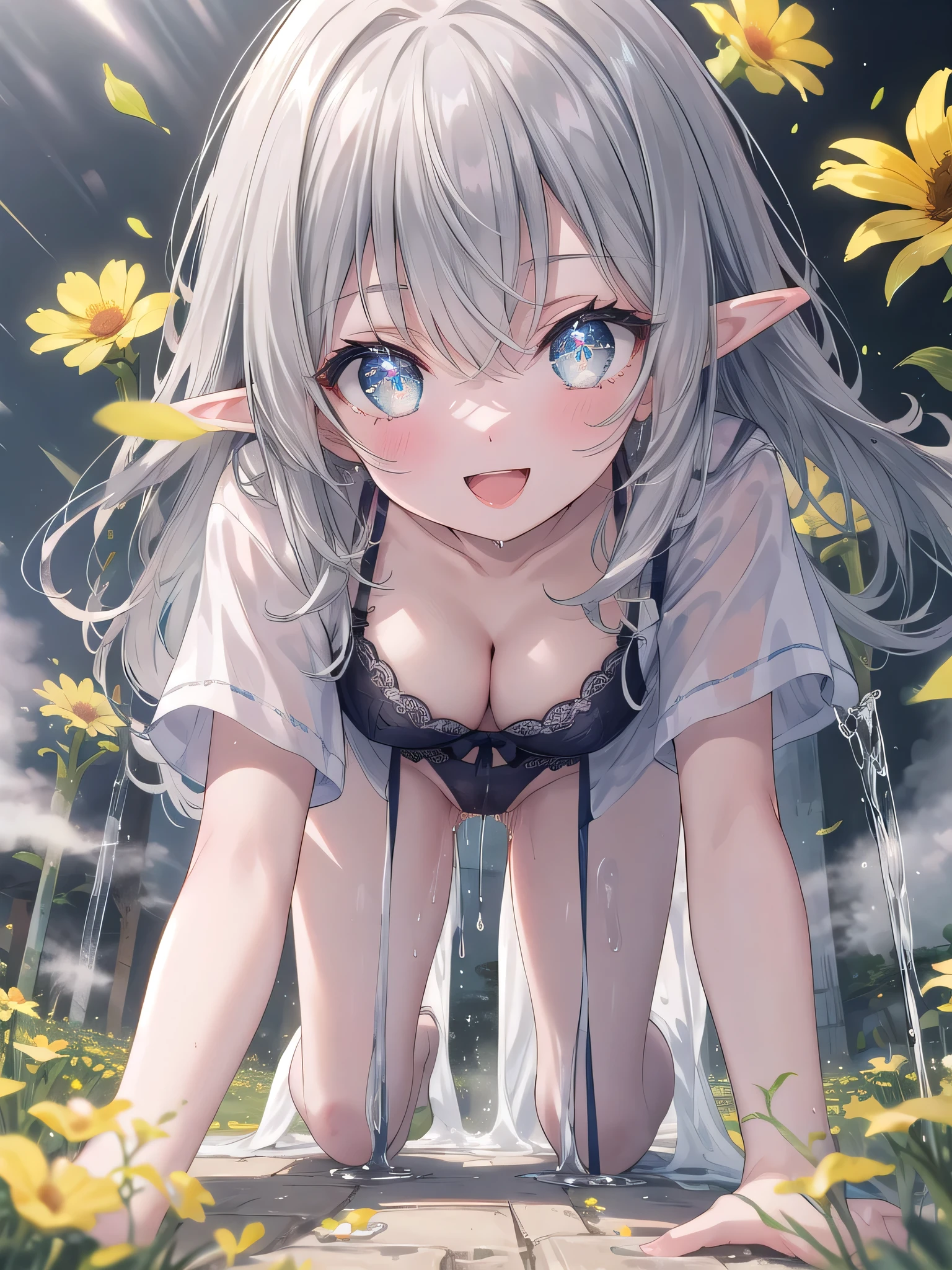 (8K, Highest Quality, Masterpiece:1.3)), Ultra High Quality, (1 girl, 1 person), (Color changing eyes, Ultra detailed, Expressive glow, Sparkling eyes), Very detailed eyes, Very detailed face, Random hair, (Silver gray color), Exposed, On all fours, Elf, Angle from below, Fantastic fog, Early morning, (Cute panties:1.3), (Ecstatic expression:1.2), White skin, Seductive, Cleavage, Dripping pussy juice down thighs, Flower field