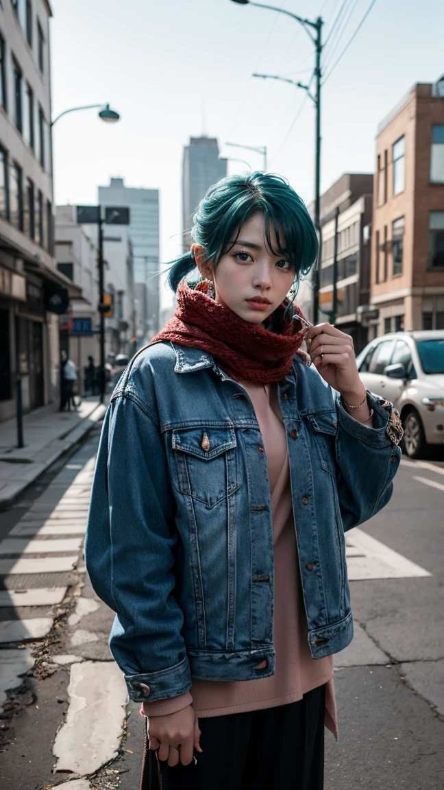 "Depict Future Bulma from Dragon Ball Z, dressed in a blue jacket with a red scarf, no having clothes,have massive k-cups, in a post-apocalyptic cityscape with ruined buildings and a time machine in the background."