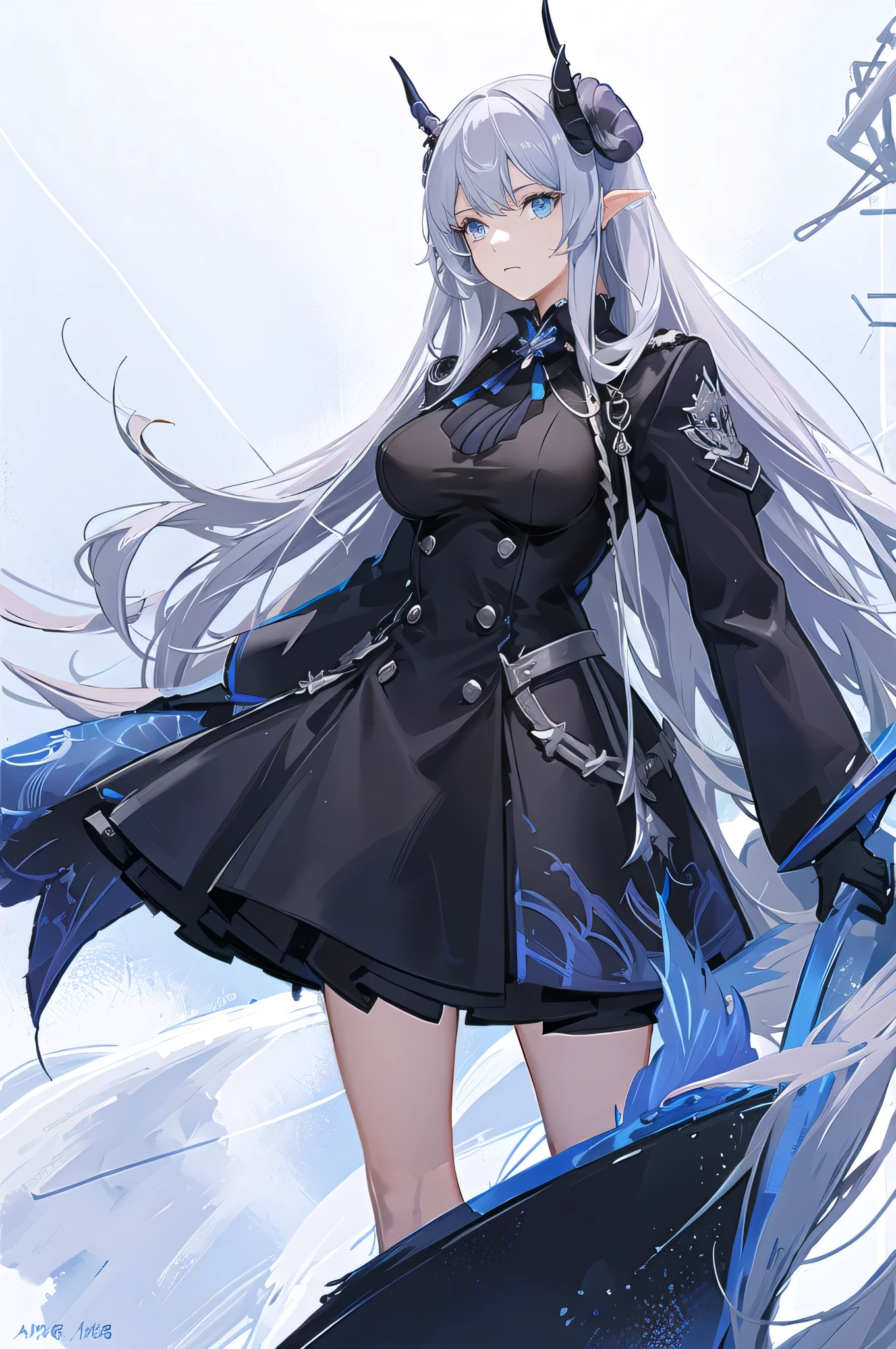 highest quality, masterpiece, high resolution, 1 person, female, silver hair, long hair, blue eyes, bored face. distinct eyes, side, big eyes, Eyelashes, eyeliner, Uniform, black hairpin, Sheep Horn, huge breasts
