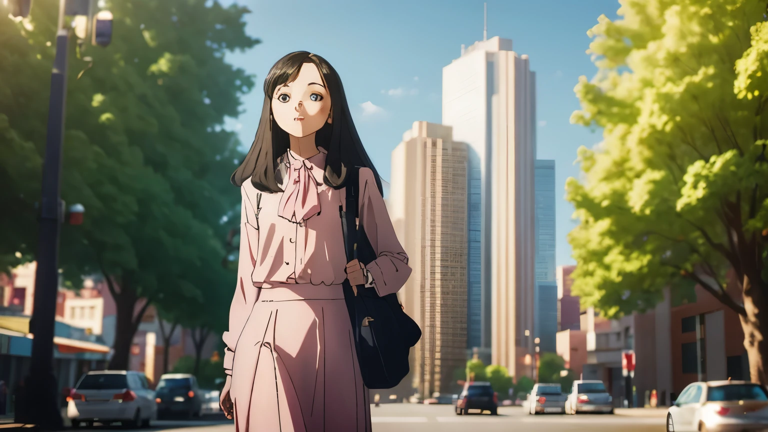 a young woman, with long dark hair, dressed in a pink blouse and a white skirt,with a colorful backpack, walk slowly,The camera opens with a WIDE SHOT of a bustling platform in a modern city. The sunlight shines brightly, reflecting in the white buildings that rise majestically in the background. The scene is full of life: people of all ages walk quickly, some talking,