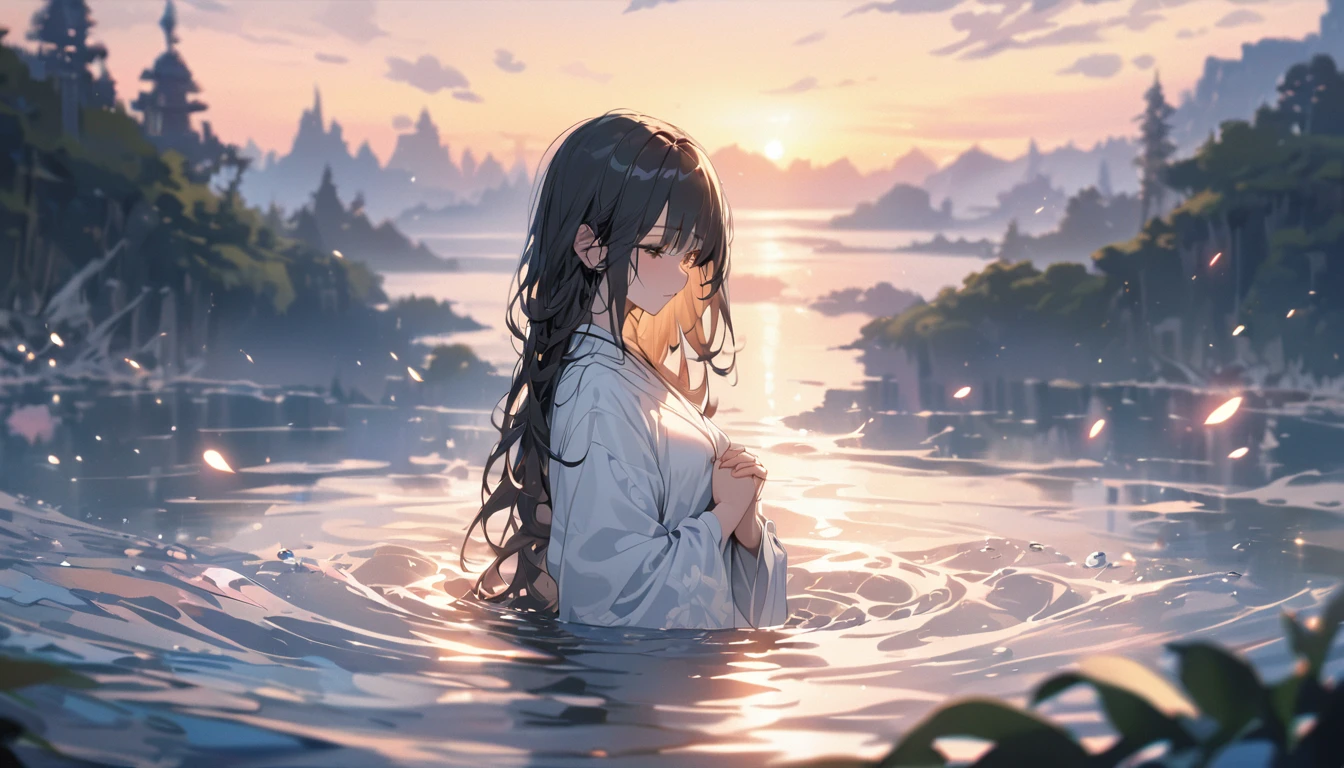 A girl praying in a lake, with a splash, Black long hair, A melancholic look, White kimono, masterpiece, best quality, high quality, detailed, ultra detailed, hyper detailed, insanely detailed, exquisite, beautiful, Full-HD, 4K, 8K, 16K, in the morning, beautiful, fantasy, mystical atmosphere, chill atmosphere, classic academia, soft-edged, front view, upper body shot, dynamic angle, wide shot, sunrise, warm lighting, 1/1000 sec shutter speed, in focus with blurred background