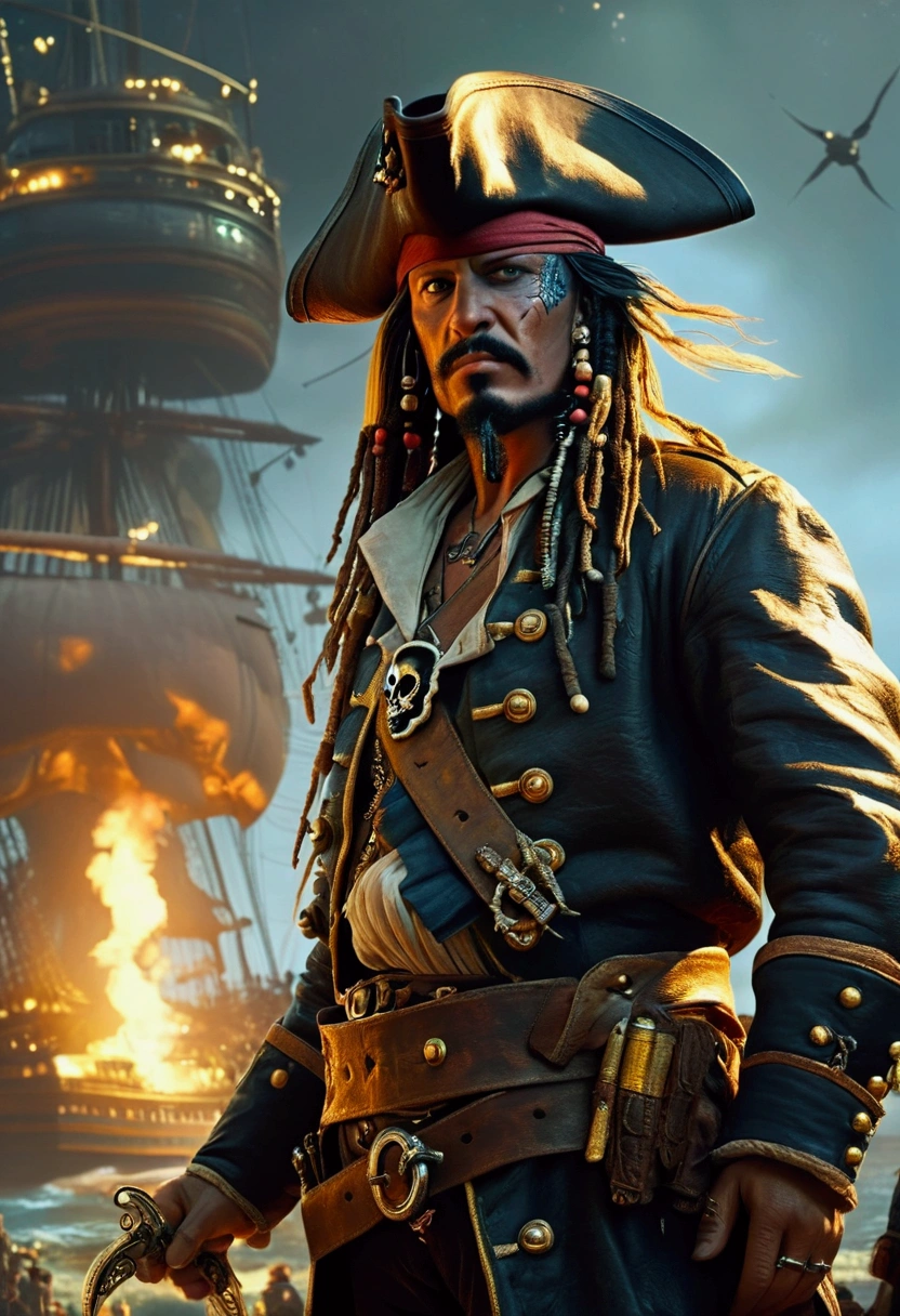 Pirate War, astropunk, by John_Harris, cinematic still, chiaroscuro, dynamic, (best quality, masterpiece, photorealistic), very aesthetic, perfect composition, intricate details, ultra-detailed, vivid colors