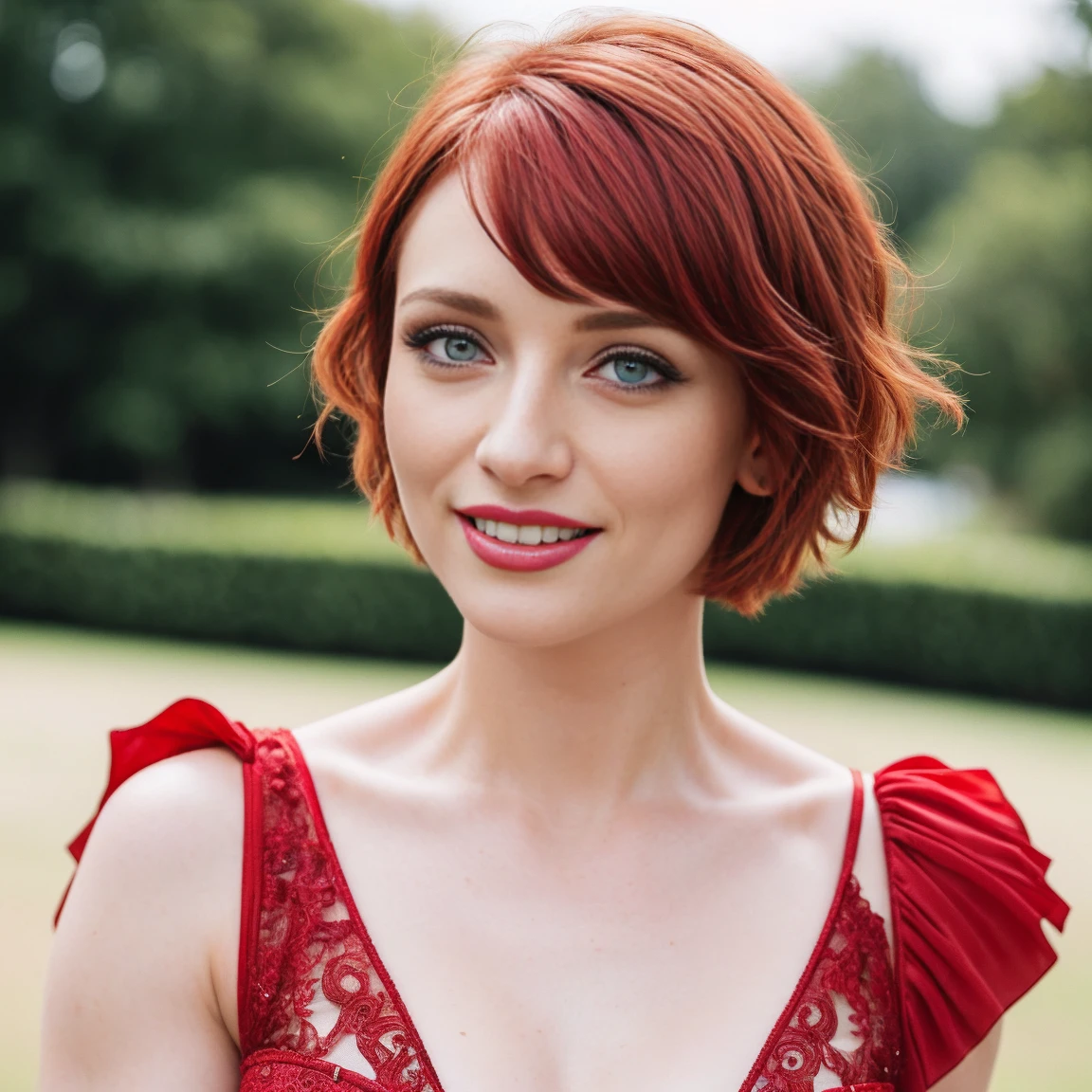 Masterpiece, (Bryce Dallas Howard: 0.5), half body, 1 girl, playful smile, high detail face, high detail skin, fashion red dress, (high detail eyes:1.3), short hair, red hair, (small breasts:1.2), (strong athletic body), city park background, (UHD, 8K wallpaper, High resolution), Cinematic lighting, award-winning, extremely white detailed skin, extra detailed face, high detail eyes, photo-realistic, Zeiss 85 mm F/1.4, by Ellen von Unwerth