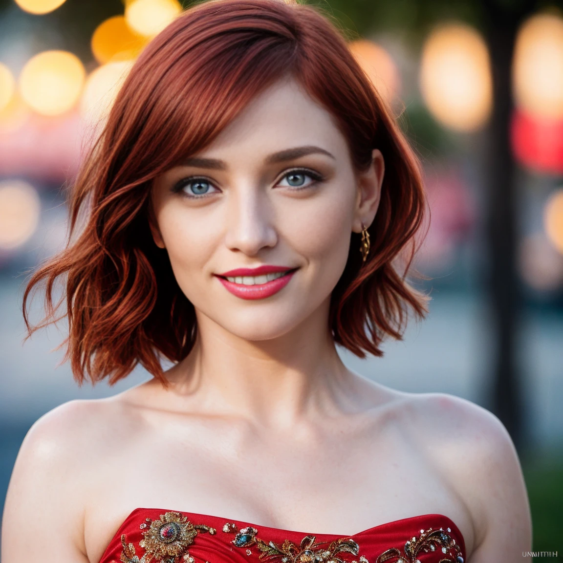 Masterpiece, (Bryce Dallas Howard: 0.5), half body, 1 girl, playful smile, high detail face, high detail skin, fashion red dress, (high detail eyes:1.3), short hair, red hair, (small breasts:1.2), (strong athletic body), city park background, (UHD, 8K wallpaper, High resolution), Cinematic lighting, award-winning, extremely white detailed skin, extra detailed face, high detail eyes, photo-realistic, Zeiss 85 mm F/1.4, by Ellen von Unwerth