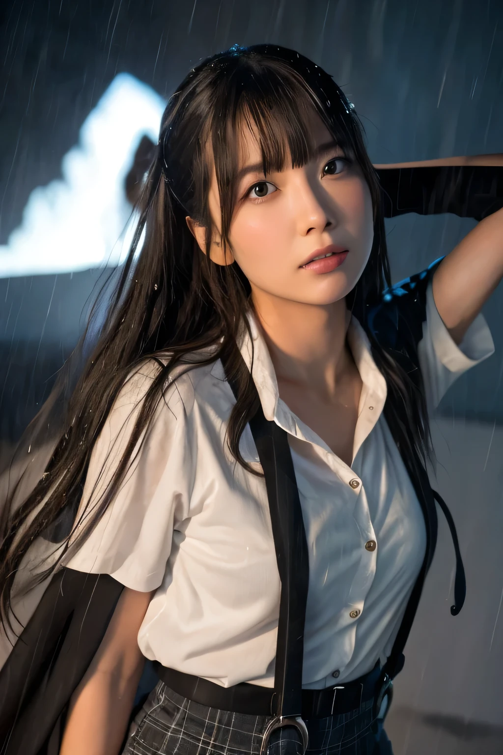 best image quality, masterpiece, ultra high resolution, (fidelity :1.4), photograph, 1 girl,[(sorrow)],white shirt, 薄dark, dark, Desperate, sympathize with, Pathetic, cinematic,tear,teardrop,(torn clothes:1.5), (wet clothes:1.4), bare shoulders,real rain,wet hair,..  