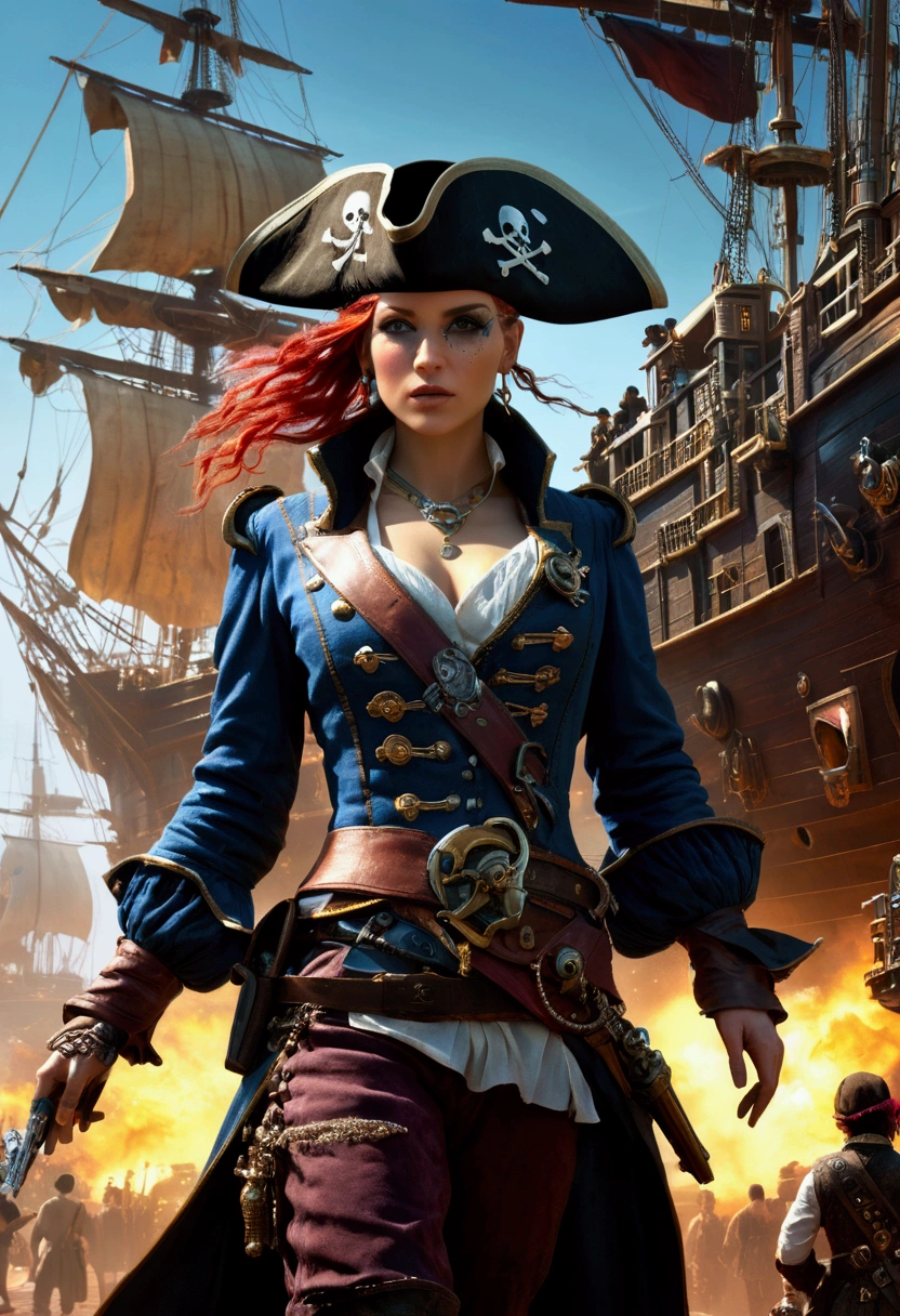 Pirate War, astropunk, by John_Harris, cinematic still, chiaroscuro, dynamic, (best quality, masterpiece, photorealistic), very aesthetic, perfect composition, intricate details, ultra-detailed, vivid colors