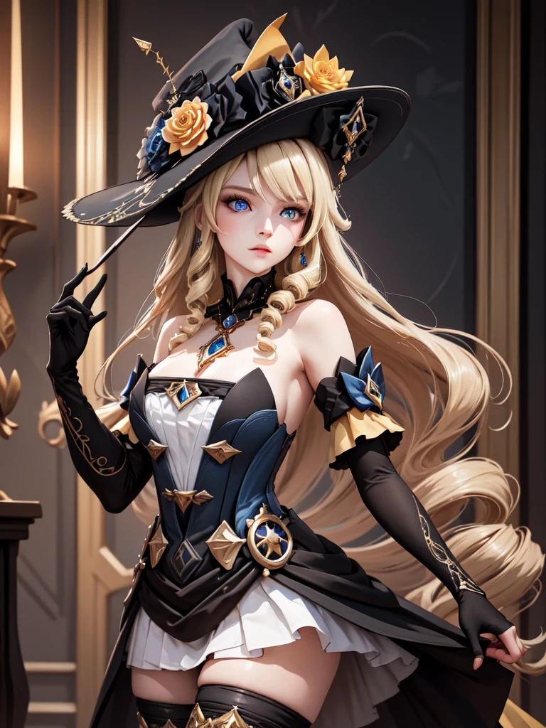 (masterpiece, best quality), 1girl,  navia,long hair,blonde hair,hat, witch hat,blue eyes,dress,bangs,black headwear,gloves,bare shoulders,flower,jewelry,thighhighs,black gloves,drill hair,detached sleeves,