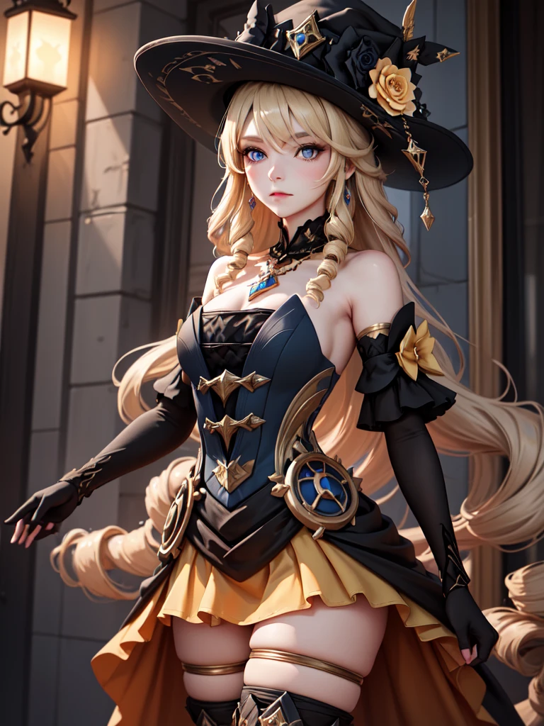 (masterpiece, best quality), 1girl,  navia,long hair,blonde hair,hat, witch hat,blue eyes,dress,bangs,black headwear,gloves,bare shoulders,flower,jewelry,thighhighs,black gloves,drill hair,detached sleeves,