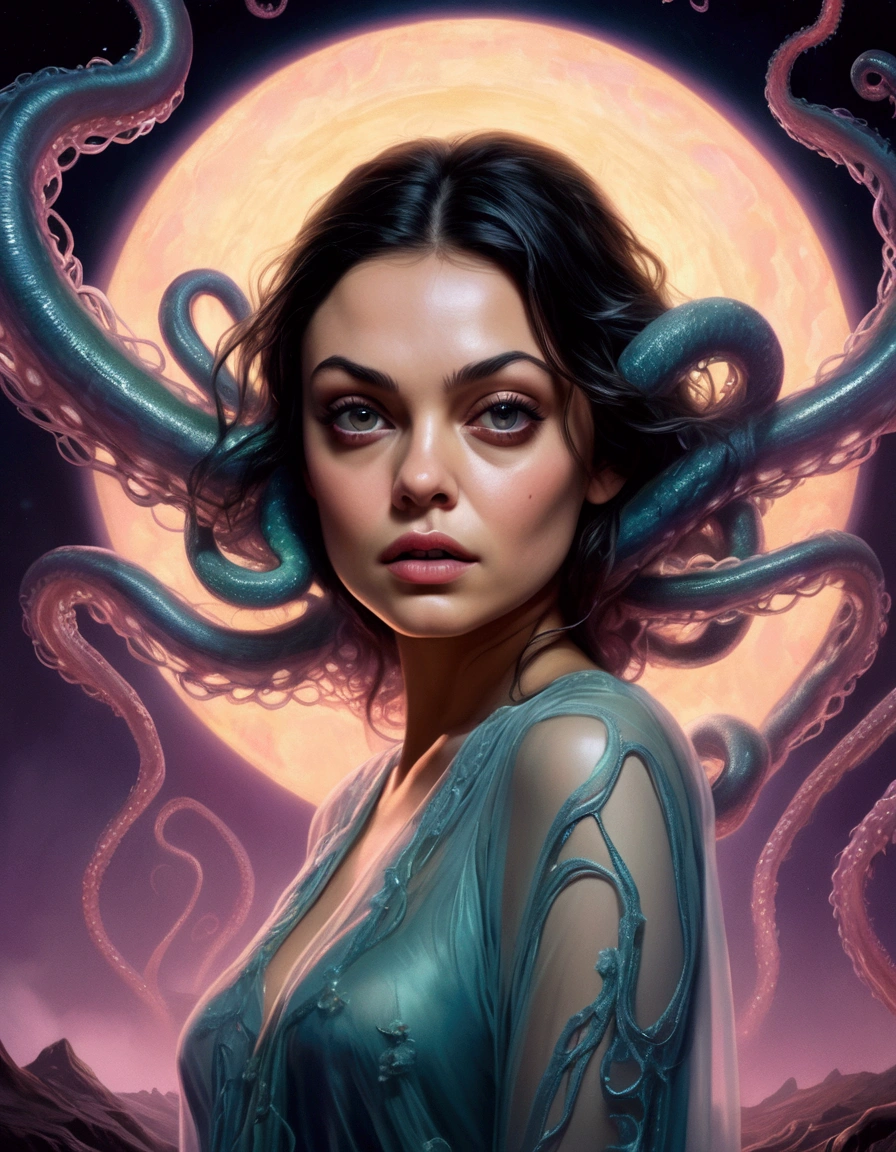 Mila Kunis, 25 years old, in a sheer nightgown, in a trance, being carried by giant slimy eldritch tentacles through a night sky, the tentacles emerging from a UFO, detailed portrait, beautiful detailed eyes, beautiful detailed lips, extremely detailed face, long eyelashes, realistic, cinematic lighting, dramatic shadows, glowing UFO, moody colors, muted tones, gothic, surreal, psychedelic, award winning, 8K, hyperrealistic, photorealistic, masterpiece