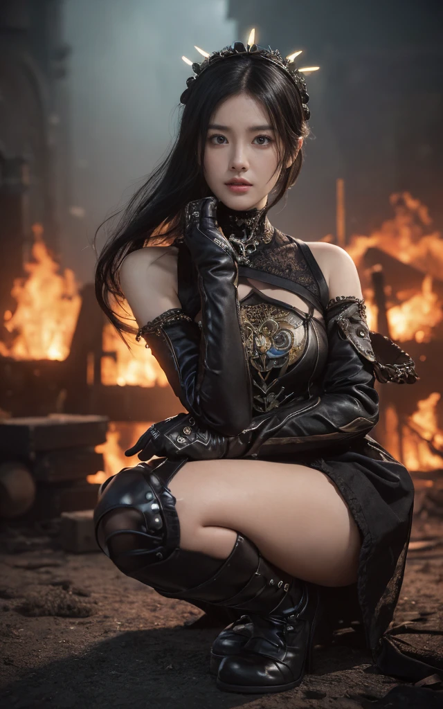 (((masterpiece, Top quality, Extremely detailed))), (((3d ultrarealistic))), (((The overall accuracy has been greatly improved, producing Extremely detailed and realistic images))), Complex Machine J Gimmick Female, (Half-length photo)Close-up of face, dynamic combat action poses, A fusion of very complex mechanical steampunk fashion and overly decorative Gothic ta fashion, Off-shoulder, Short skirt, Intricate mechanical temple steampunk headdress, Very big eyes, Very long eyelashes, Black hair fluttering in the wind, The arms are very long and thin, Composite mechanical gloves, The legs are very long and thin, Complex mechanical knee socks, Mandala, A lot of neon grass scattered crosswise, With huge weapons,Equipped with a very complex mechanism, A highly complex machine shop engulfed in flames, very dark night backgrounds, Dramatic and sensual lighting, (High Dynamic Range), Ray Tracing, nvidia RTX, Super Resolution, Unreal 5, Subsurface scattering, PBR Textures, Post-Processing, Anisotropic filtering, Depth of Field, Maximum clarity and sharpness, Multi-layered textures, Albedo and Specular Maps, Surface Shading, Accurately simulate light-material interactions, Perfect proportion, Octane Rendering, Two-color lighting, Large aperture, Low ISO, White Balance, Rule of Thirds, 16K Raw,