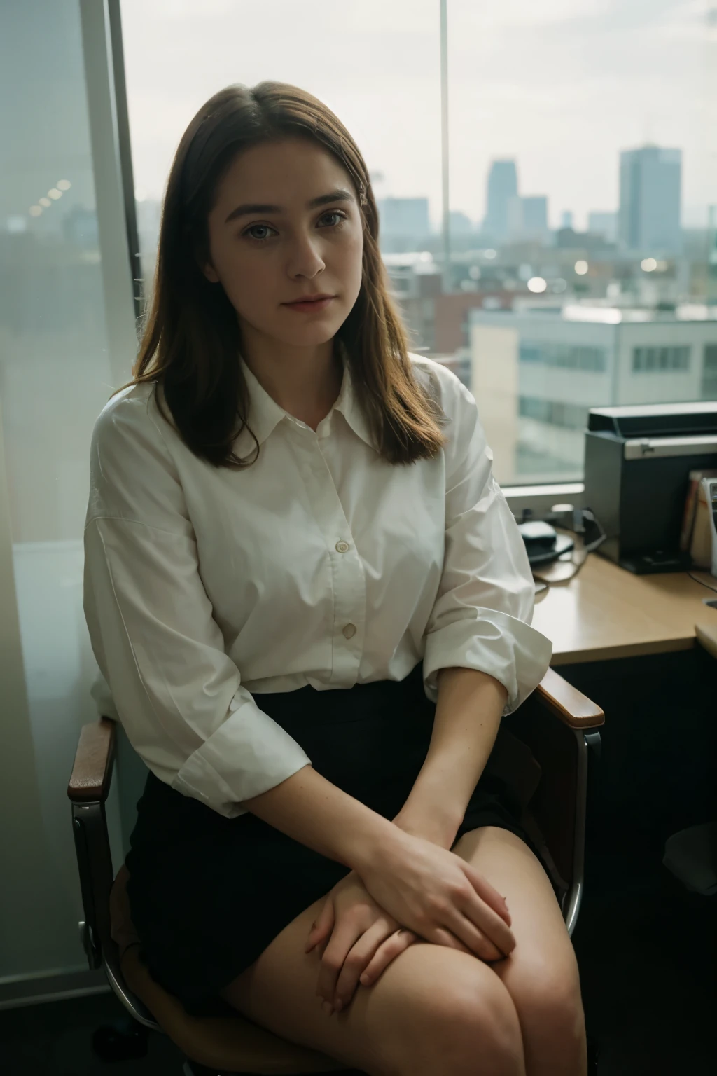 35mm, Fuji Superia 1600, ISO-3200, f/22, -2, 1/500, a photograph of sks woman casually sitting on an office chair, in front of a big glass window. 