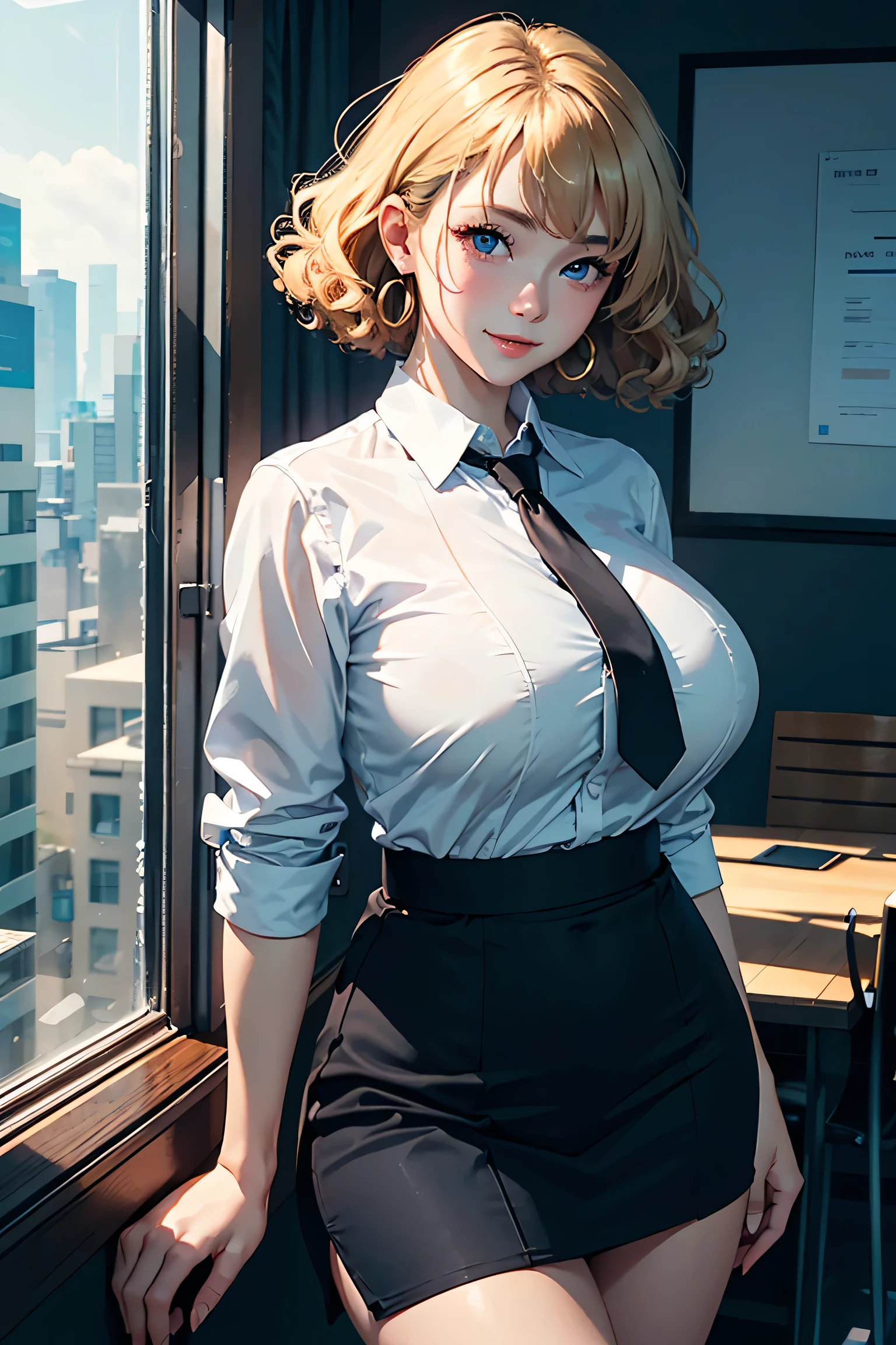 (masterpiece:1.2, Highest quality), (Realistic photos), Beautiful illustrations, (Natural side lighting, Cinema lighting),High detail、1 girl, Japanese、20-year-old female, Perfect Face, Symmetrical cute face, Glowing Skin, (short hair、Blonde、Outward curl perm), Dark blue eyes, (Huge breasts:1.2), Slender build, Flowing bangs、Beautiful Hair, Beautiful Face, Fine and beautiful eyes, Beautiful body, Beautiful breasts,Earrings、 (Black tie、White collared shirt、Black tight skirt),smile、Blushing、stand、Inside the company、conference room、Outside the window is night