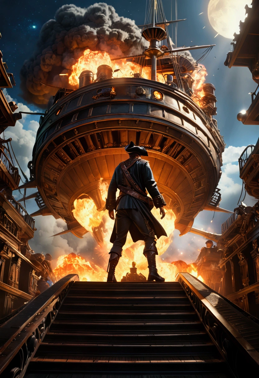 (Pirate War), cannonry, explosion, space piratsunreal engine, captivating chiaroscuro, dynamic movement, astropunk, full body, (special effects:0.1), award-winning, cinematic still, emotional, vignette, dynamic, vivid, (masterpiece, best quality, photorealistic, Professional, perfect composition, very aesthetic, absurdres, ultra-detailed, intricate details:1.3)