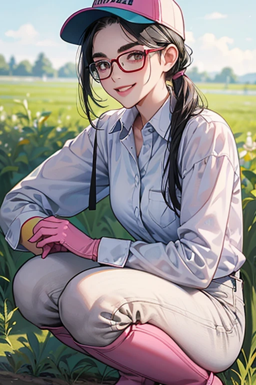 A freckled, glasses-wearing mature woman with black hair tied up, wearing a white long-sleeved flannel shirt, blue jeans, a baseball cap, and long pink rubber gloves and white rubber boots, squatting and smiling while working in the fields　Thick eyebrows