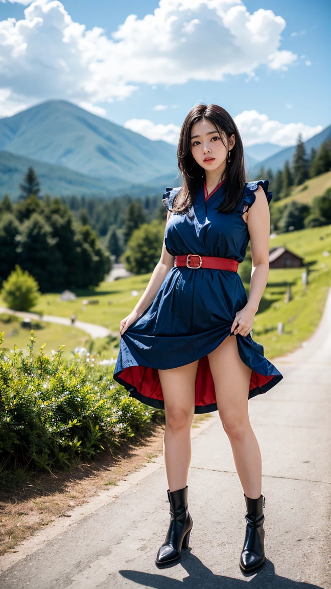 "Create an image of Chi-Chi in her classic outfit from Dragon Ball, no having clothes,wearing her traditional blue dress with red accents, have massive k-cups, standing in front of her family's mountain home with the Ox-King's castle in the background."