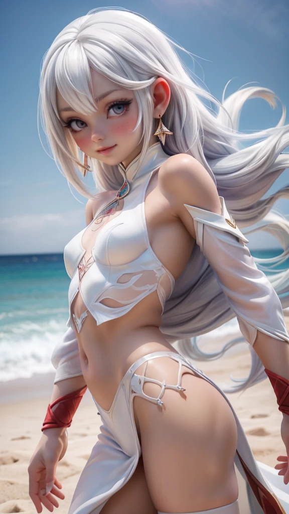 Ariel, upper body portrait, white hair, beautiful, cute arabian transparent clothes, warrior, midriff, fit, white hair, rear view looking back, desert background, realistic fantasy ,concept art, Sexi, Excitada, Rosto lindo,corpo inteiro, Seios pequenos, Pele suave, Boca média rosada, Linda, natural .Seda transparente nas roupas, 80% do corpo descoberto,Sorriso atrevida.