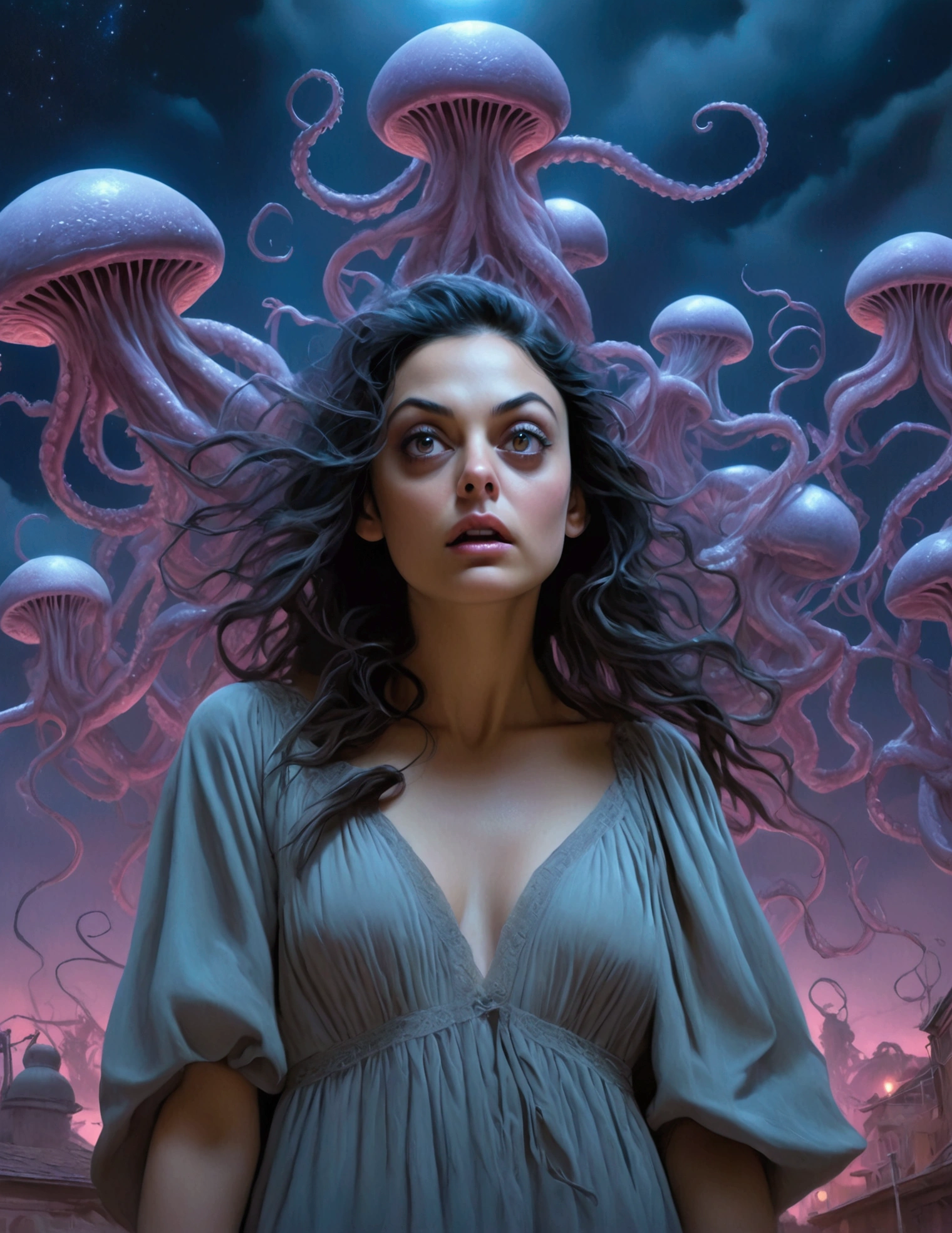 Mila Kunis, 25 years old, in a sheer nightgown, in a trance, being carried by giant slimy eldritch tentacles through a night sky, the tentacles emerging from a UFO, detailed portrait, beautiful detailed eyes, beautiful detailed lips, extremely detailed face, long eyelashes, realistic, cinematic lighting, dramatic shadows, glowing UFO, moody colors, muted tones, gothic, surreal, psychedelic, award winning, 8K, hyperrealistic, photorealistic, masterpiece
