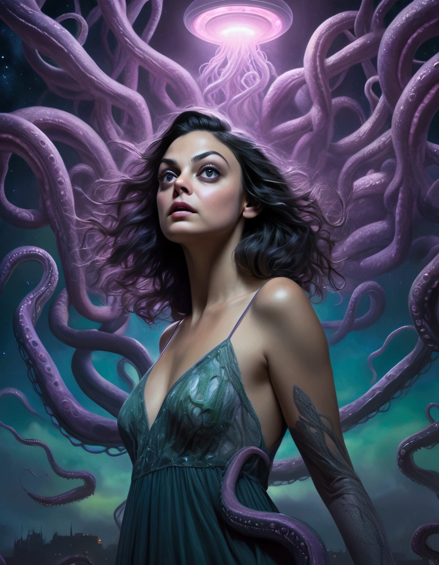 Mila Kunis, 25 years old, in a sheer nightgown, in a trance, being carried by giant slimy eldritch tentacles through a night sky, the tentacles emerging from a UFO, detailed portrait, beautiful detailed eyes, beautiful detailed lips, extremely detailed face, long eyelashes, realistic, cinematic lighting, dramatic shadows, glowing UFO, moody colors, muted tones, gothic, surreal, psychedelic, award winning, 8K, hyperrealistic, photorealistic, masterpiece